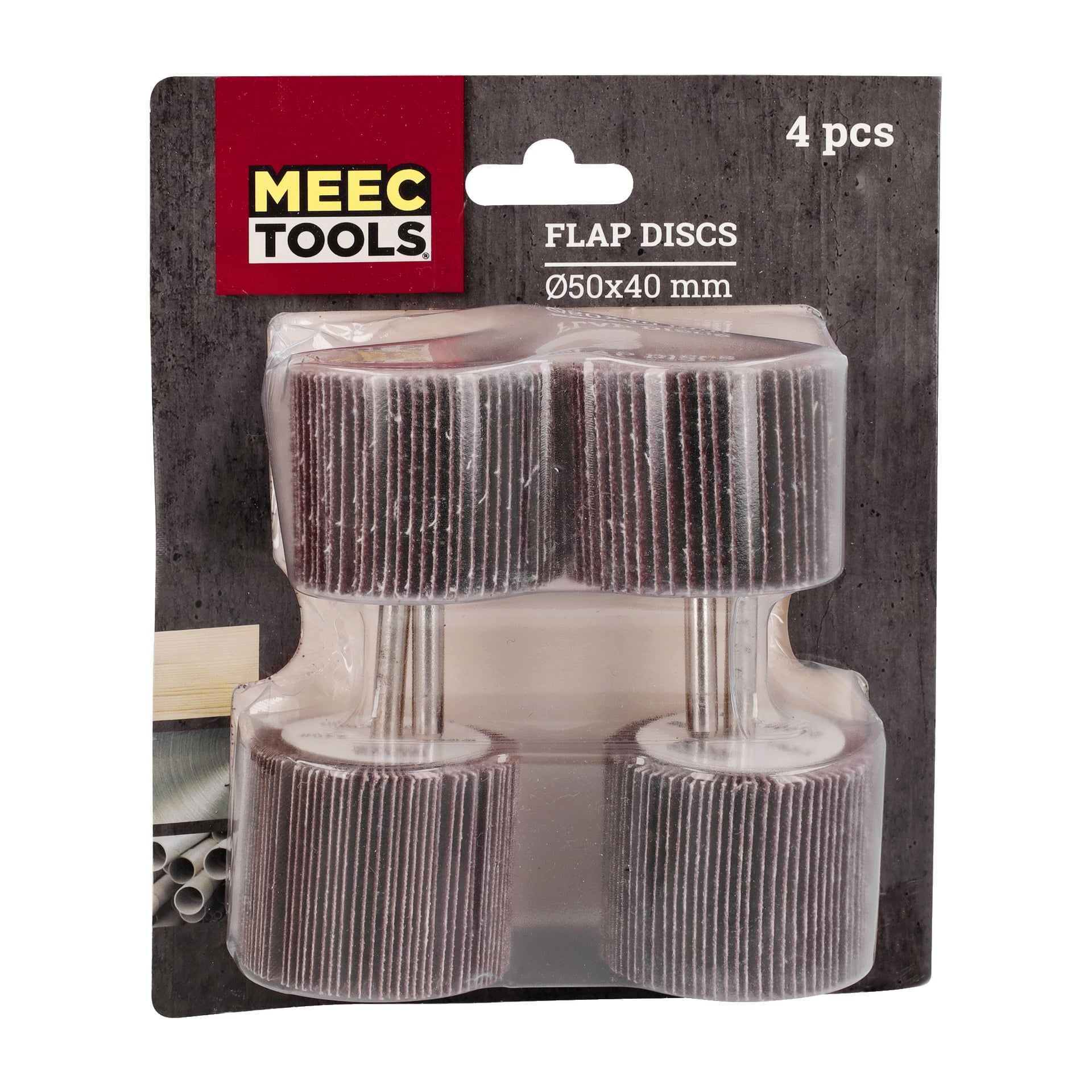 Ein Set von vier Meec Tools Flap Wheels, jeweils 50x40 mm groß, in einer durchsichtigen Kunststoffverpackung mit einem rot-gelben Etikett, auf dem "4 Stück" steht. Eine kleine Abbildung von Pfeifen befindet sich unten links auf dem Paket.