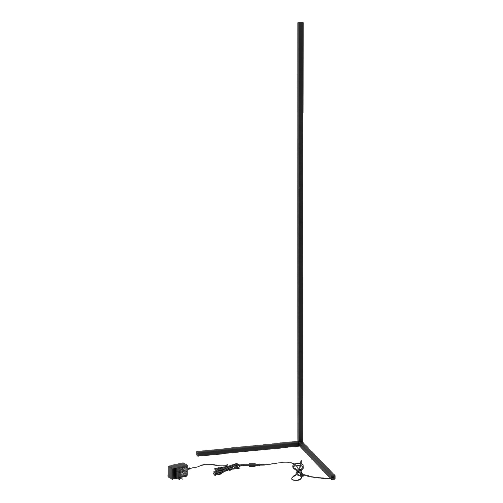 En EKVIP Floor Lamp LED står upprätt på en L-formad sockel bredvid en strömadapter med ansluten sladd.