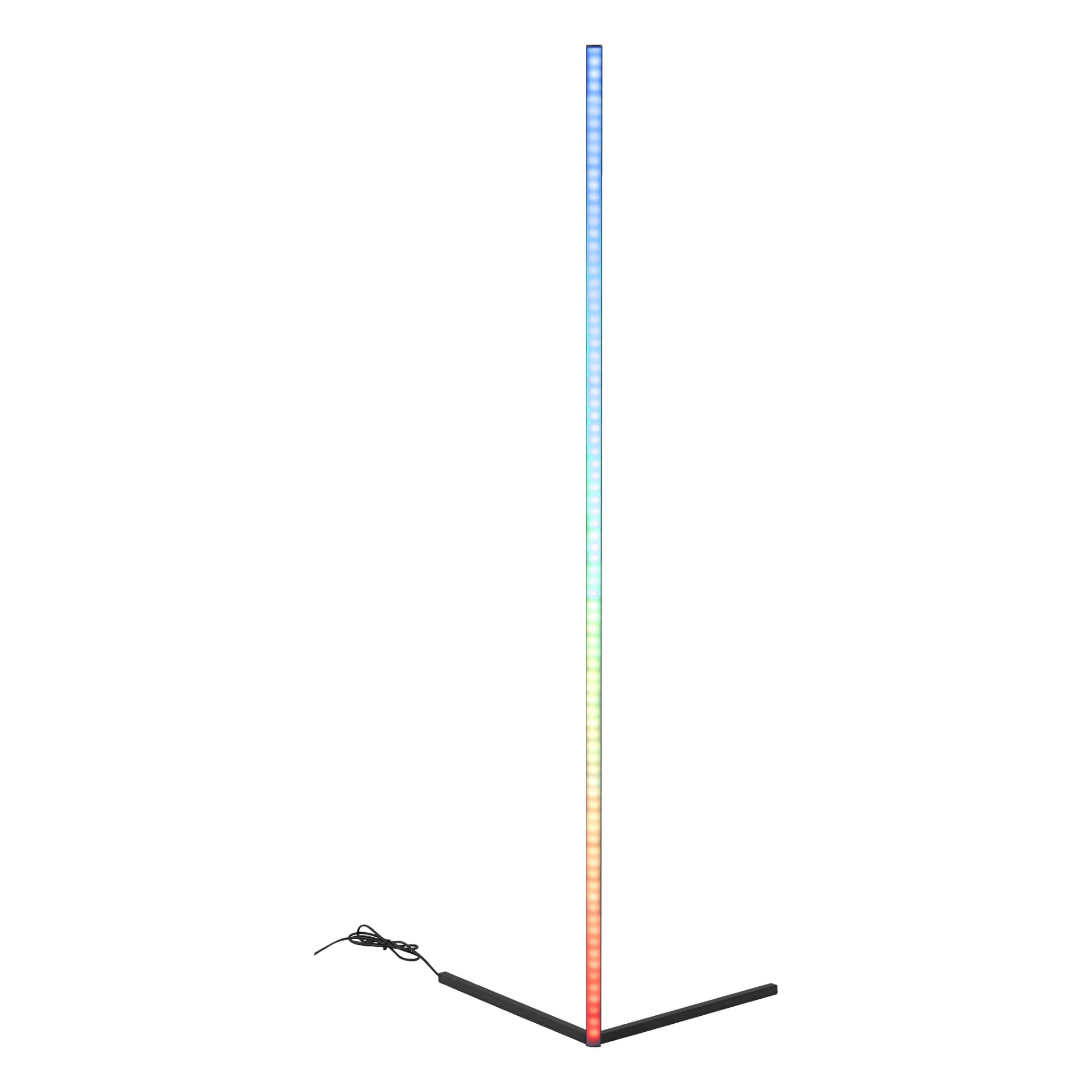 EKVIP Floor lamp LED visar upp en slank, upprätt form med en karakteristisk V-formad svart bas och ansluten sladd. Den visar en jämn färggradient, som tonar från rött längst ner till blått upptill.