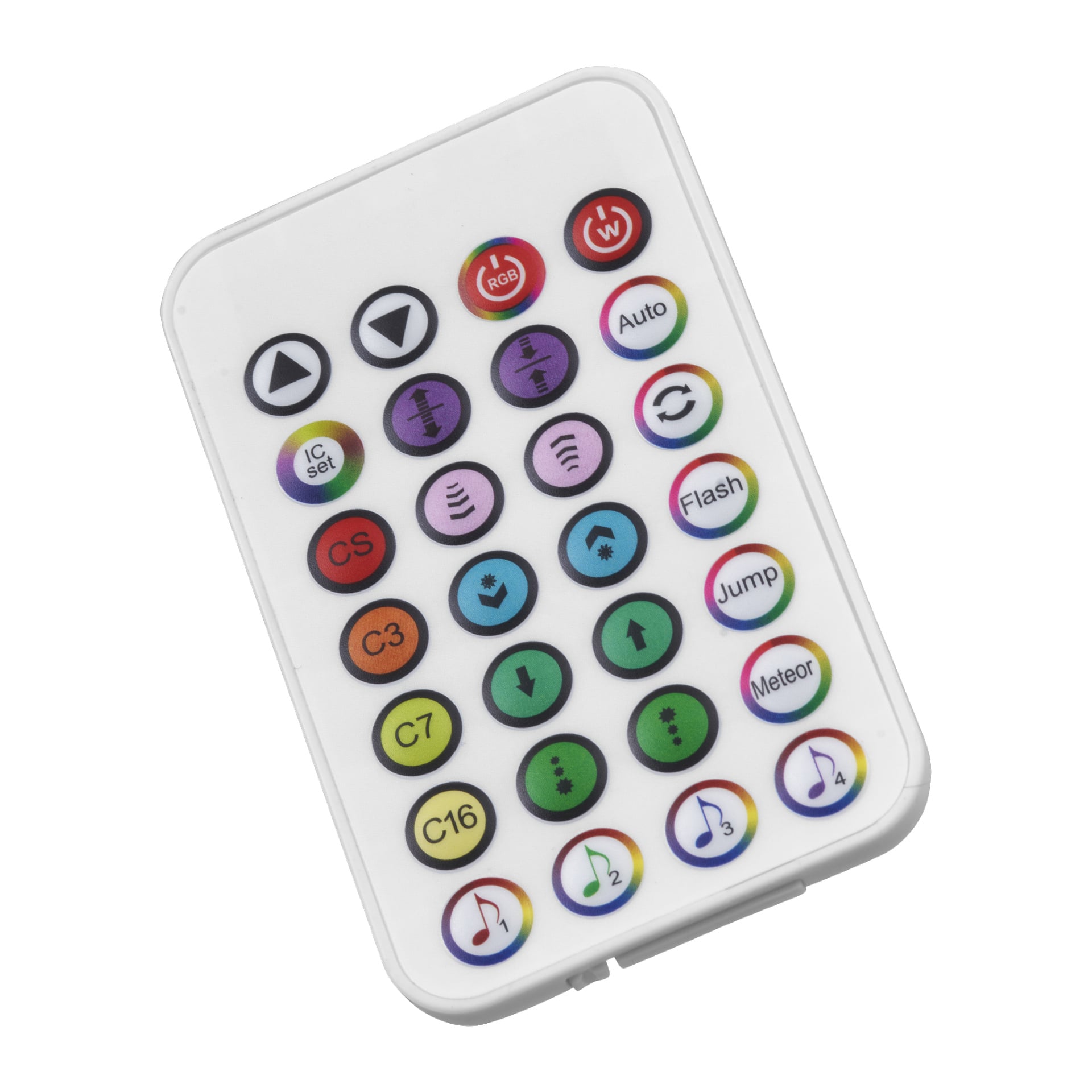 En fjärrkontroll för EKVIP Floor Lamp LED, med 28 färgglada knappar organiserade i rader. Knapparna visar symboler som pilar, cirklar, musiknoter och har etiketter som Auto, Flash, Jump, Meteor, RGB, bland andra.