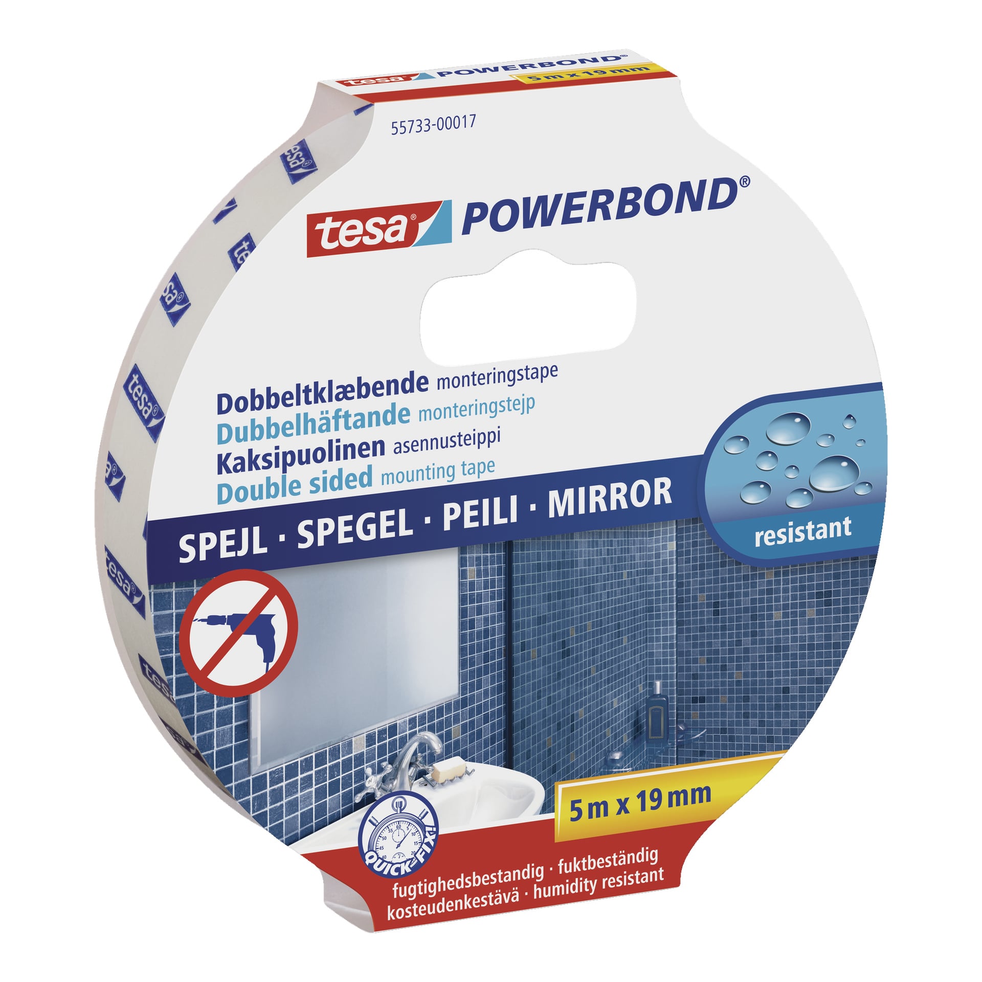 En rulle tesa Powerbond dubbelhäftande självhäftande tejp, 5 meter gånger 19 millimeter, förpackad som fukttålig med produktdetaljer och en bild som visar en badrumsspegel.