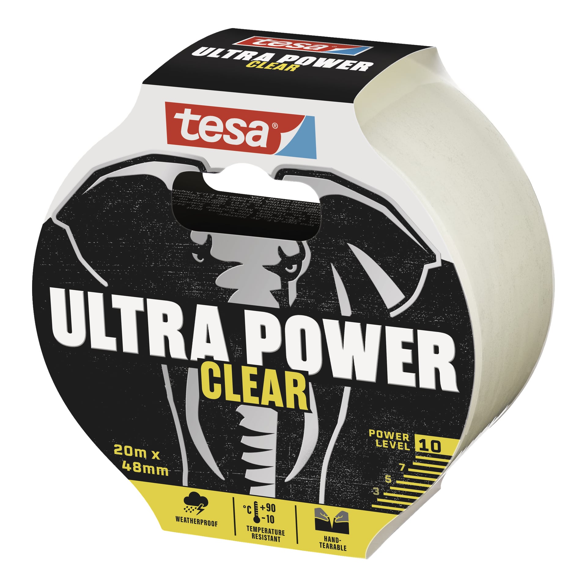 En förpackad rulle med tesa Repair Tape Ultra Power Clear, med elefantgrafik och produktinformation inklusive 20m x 48mm storlek, väderbeständiga och temperaturbeständiga egenskaper, samt en notering om att den är svår att riva sönder.
