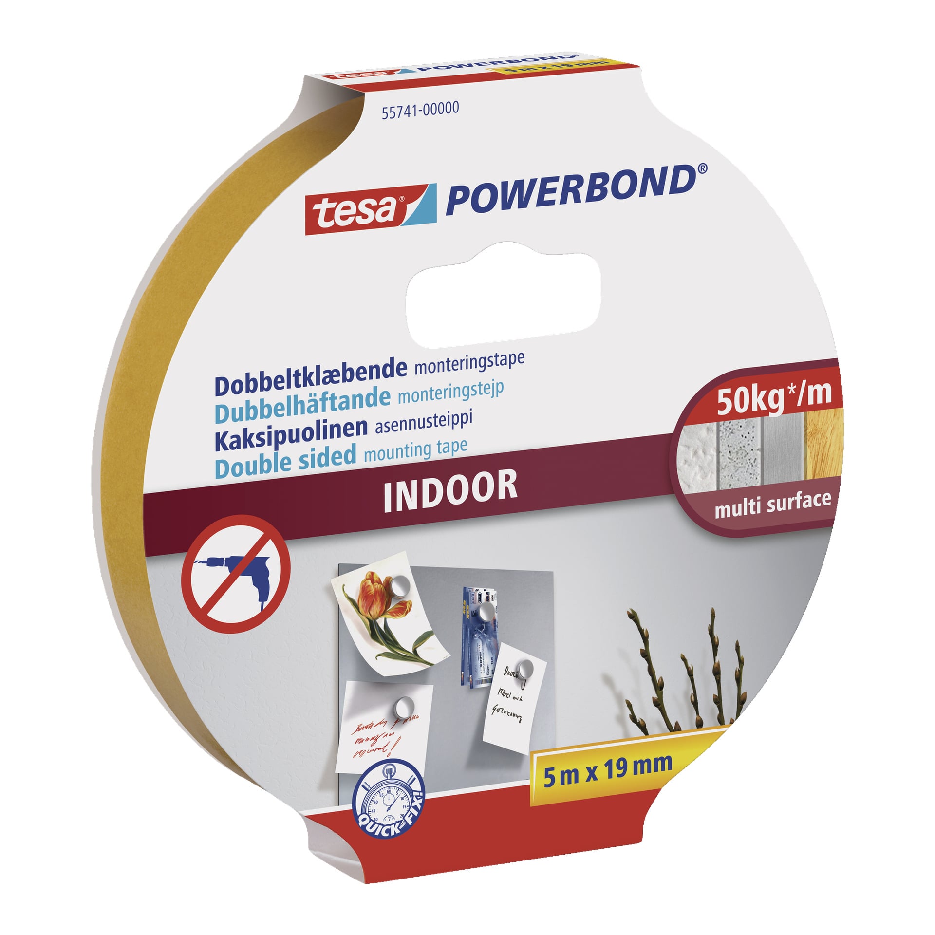 En 5 meter gånger 19 millimeter lång rulle tesa Powerbond Indoor dubbelhäftande självhäftande tejp, designad för olika ytor, som kan hålla upp till 50 kilogram per meter, visas i förpackningen som lyfter fram föreslagna användningsområden.