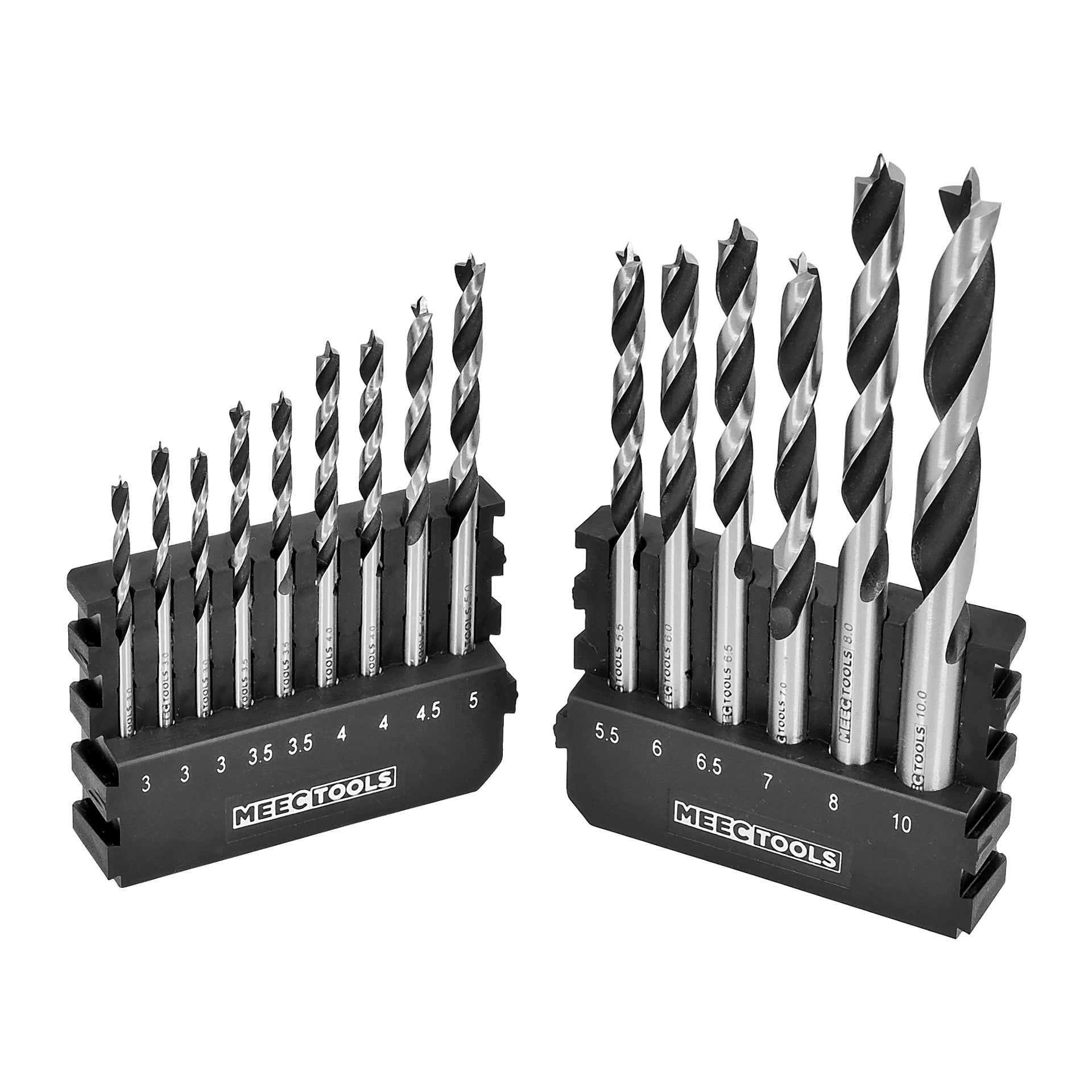 Ett par svarta Meec Tools-lådor, var och en med 15 träborrar organiserade efter storlek från vänster till höger. Varje spår under borrbitarna visar motsvarande metriska mått.