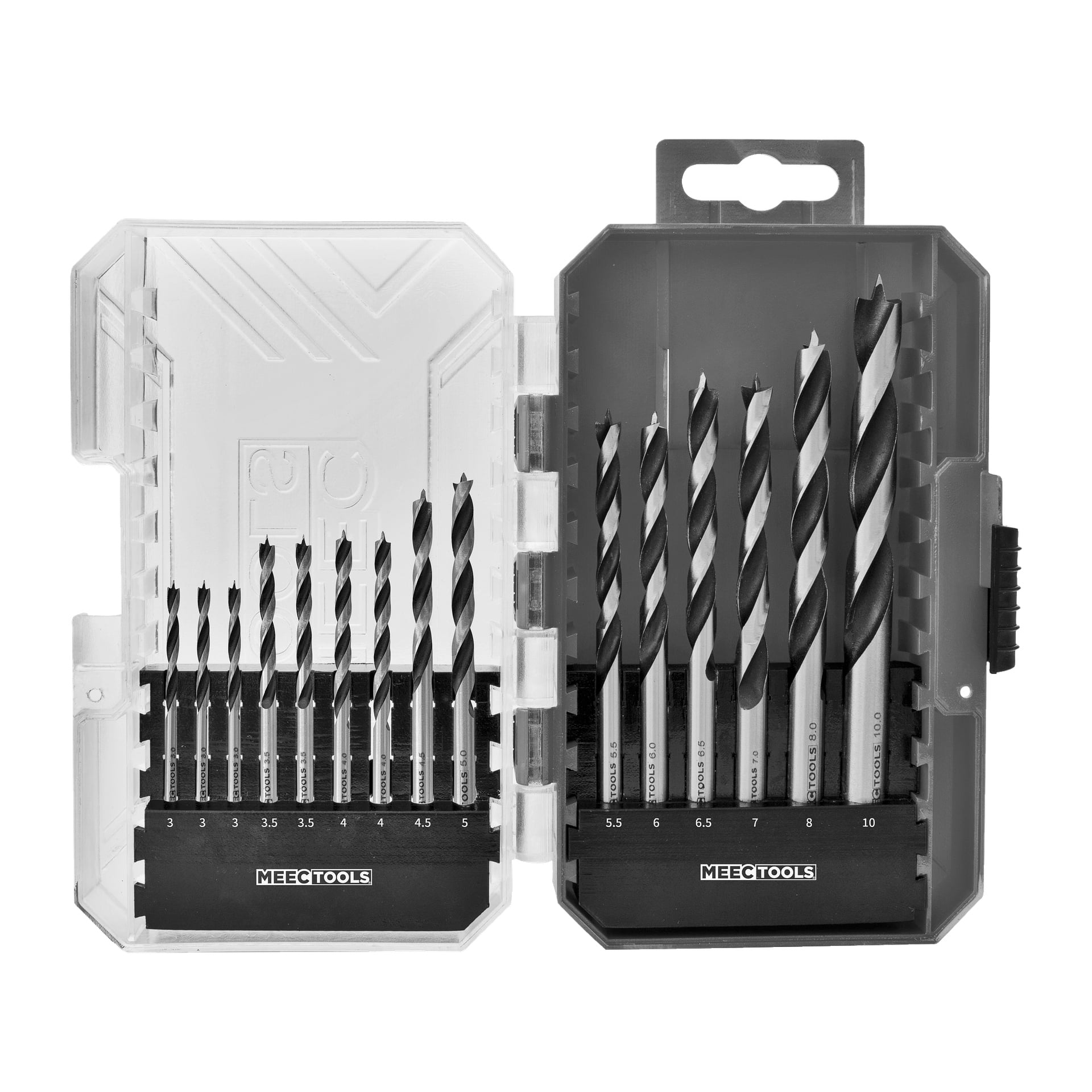 Ett set med femton Meec Tools träborrar i svart och silver är prydligt arrangerade i två rader inuti ett öppet plastfodral med genomskinligt lock. Varje borr är märkt med sin diameter för enkel identifiering.