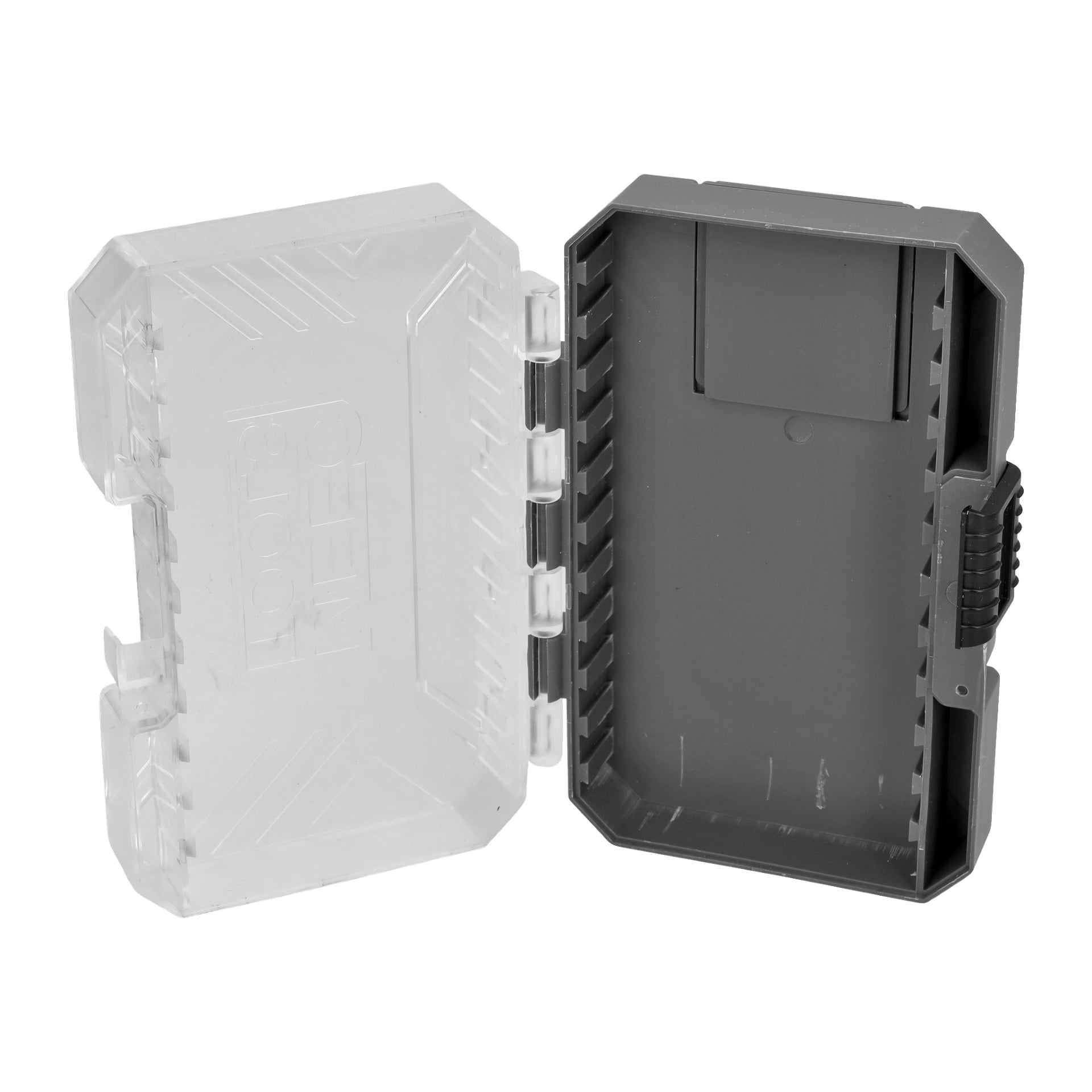 Ett rektangulärt hårt plastfodral från Meec Tools med ett genomskinligt gångjärnslock och ett svart texturerat grepp på ena sidan. Inuti formas räfflorna för att säkert passa och organisera ett borrset med 15 delar.