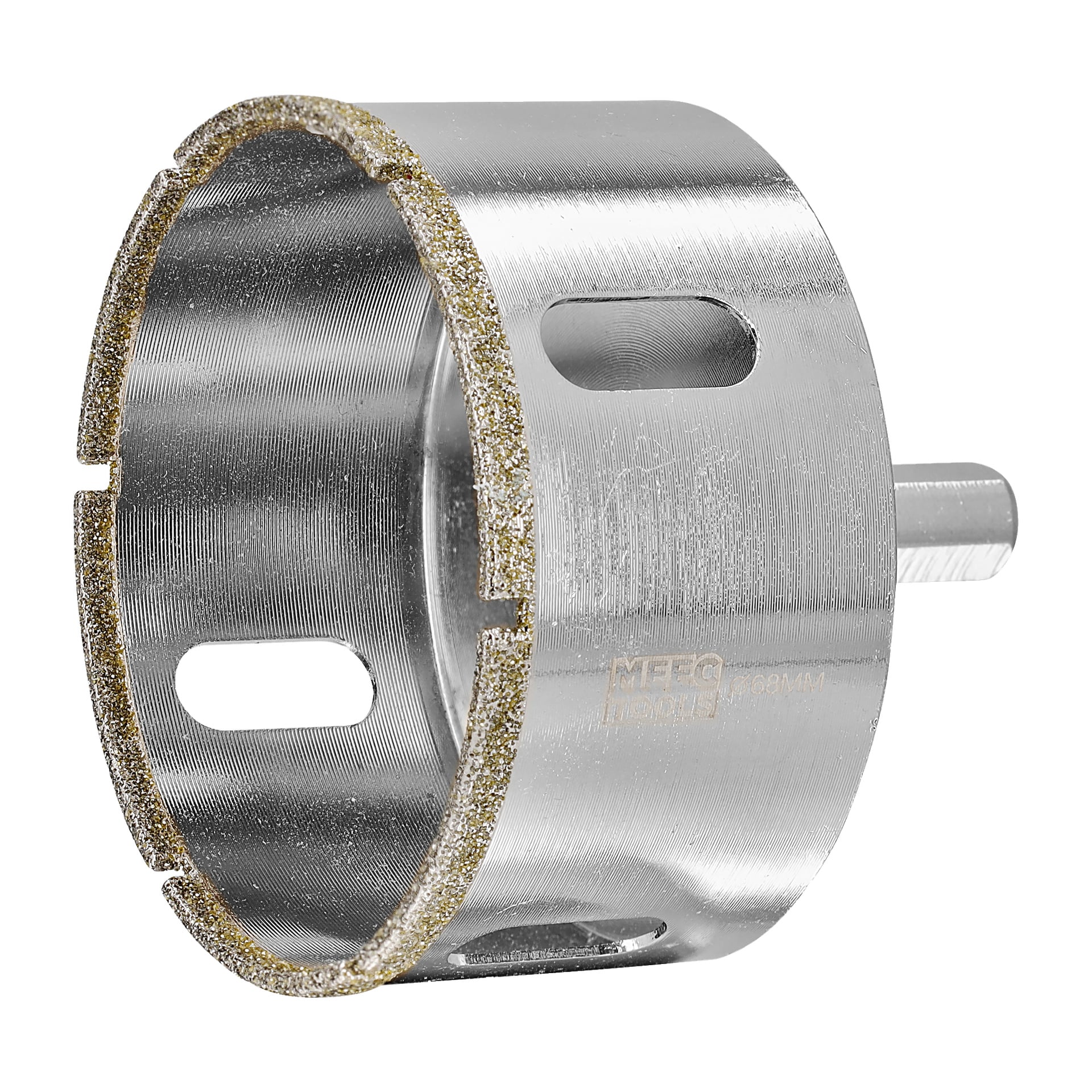 Närbild på Meec Tools diamanthålsåg, som visar dess cylindriska metalldesign med sidospår och en diamantbelagd kant, lämplig för att borra i hårda material som kakel eller glas.