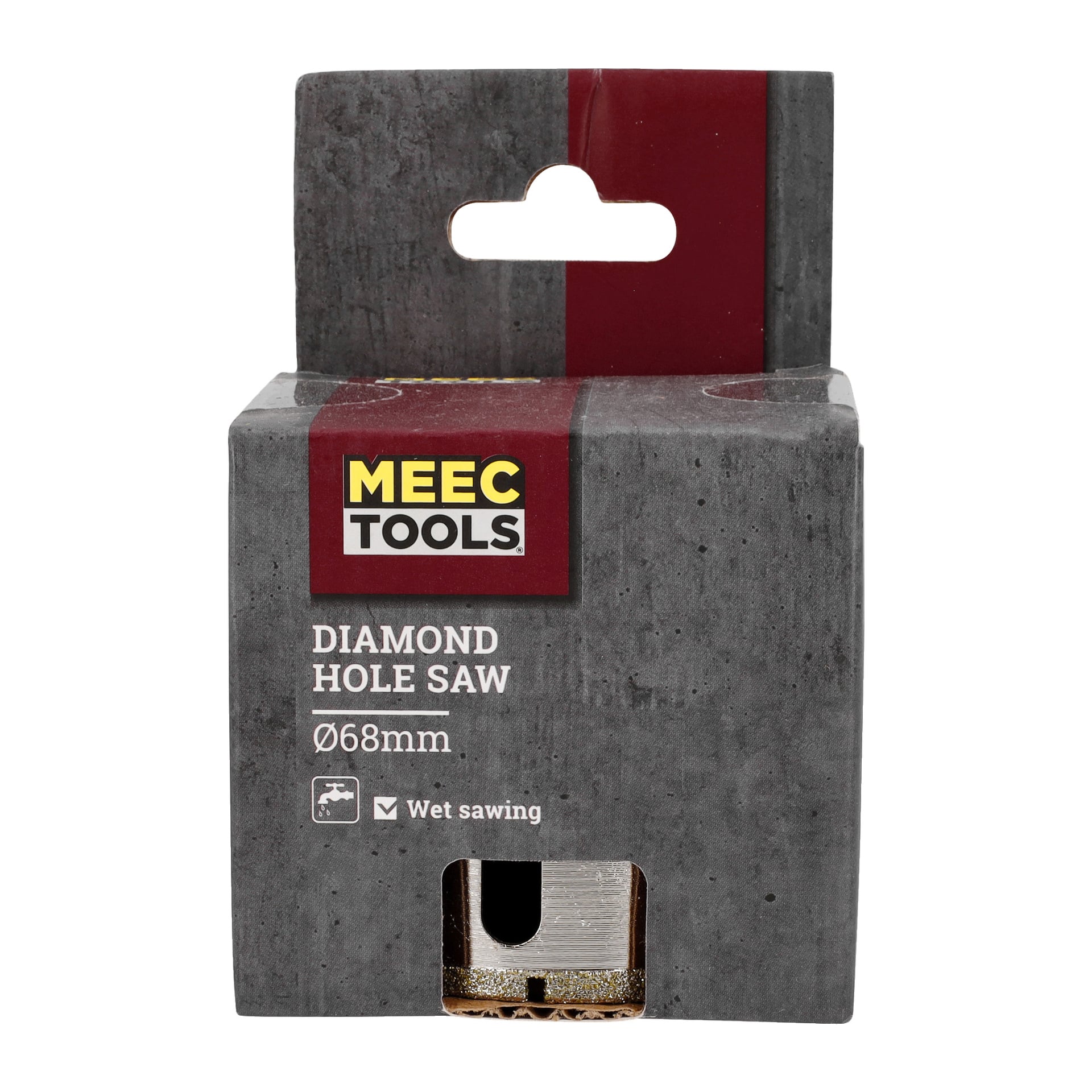 En grå Meec Tools-låda rymmer en diamanthålsåg som mäter 68 mm i diameter. Förpackningen visar produktnamn, märke och en ikon för våtsågning. En del av verktyget är synlig genom ett transparent fönster på lådan.