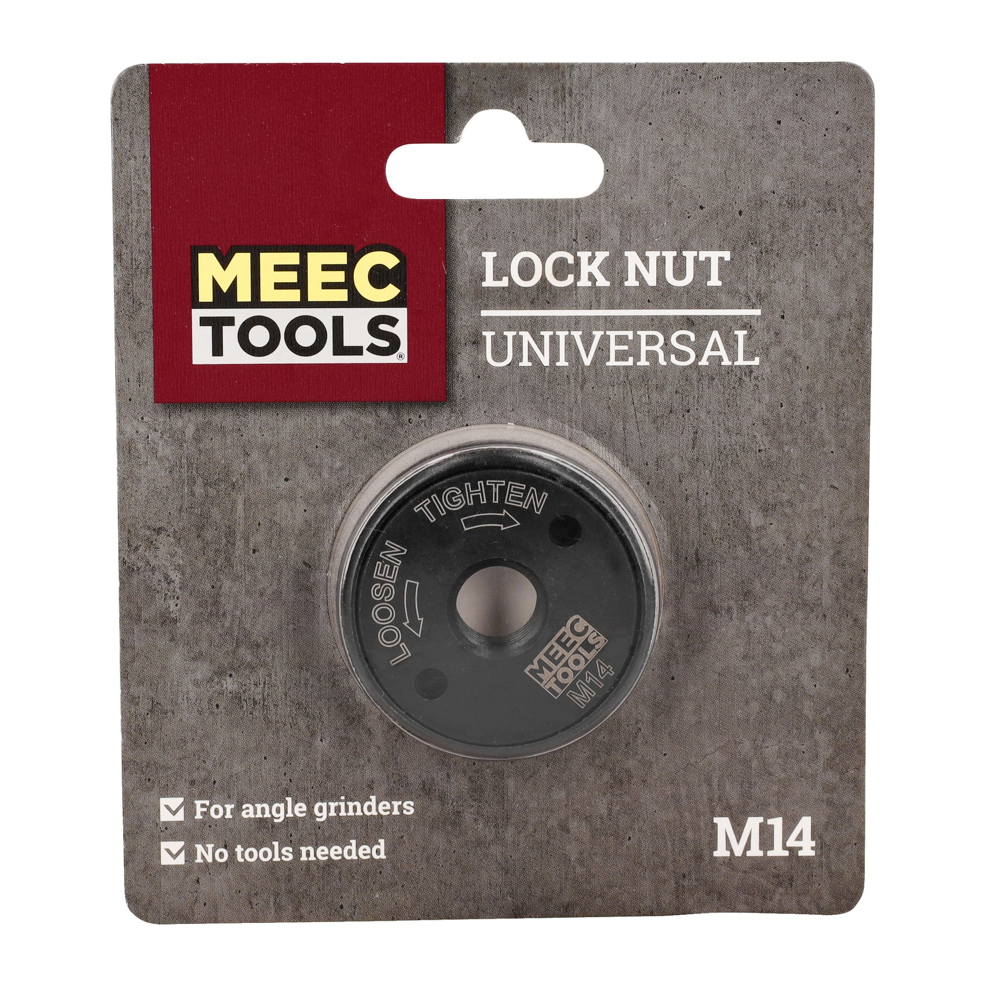 En förpackad Meec Tools-låsmutter designad för vinkelslipar visas. Förpackningen anger att den passar M14-gängor, kan justeras för hand utan verktyg och har riktningspilar på låsmuttern.