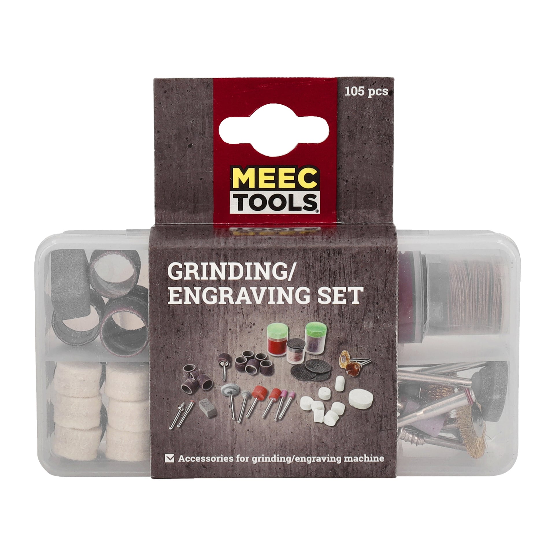 Ett genomskinligt plastfodral visar Meec Tools slip-/gravyrsats med 105 delar, med en samling slipband, slipstenar, borstar och olika delar organiserade under det genomskinliga locket.