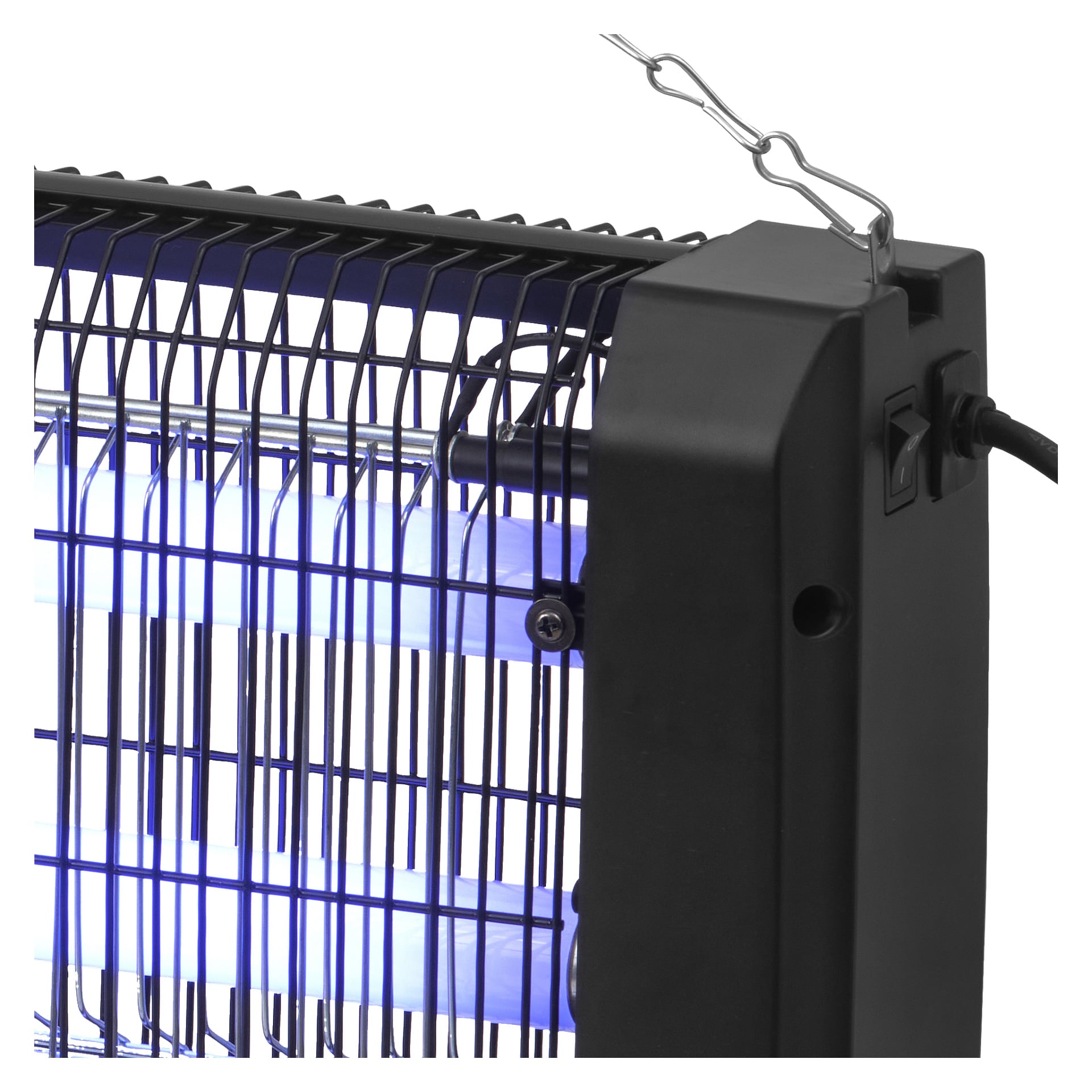 Sidovy på närbild av Hard Head Insect Killer, som visar dess svarta skyddsgaller, upplysta blå UV-ljusrör, strömbrytare och fäst hängkrok.