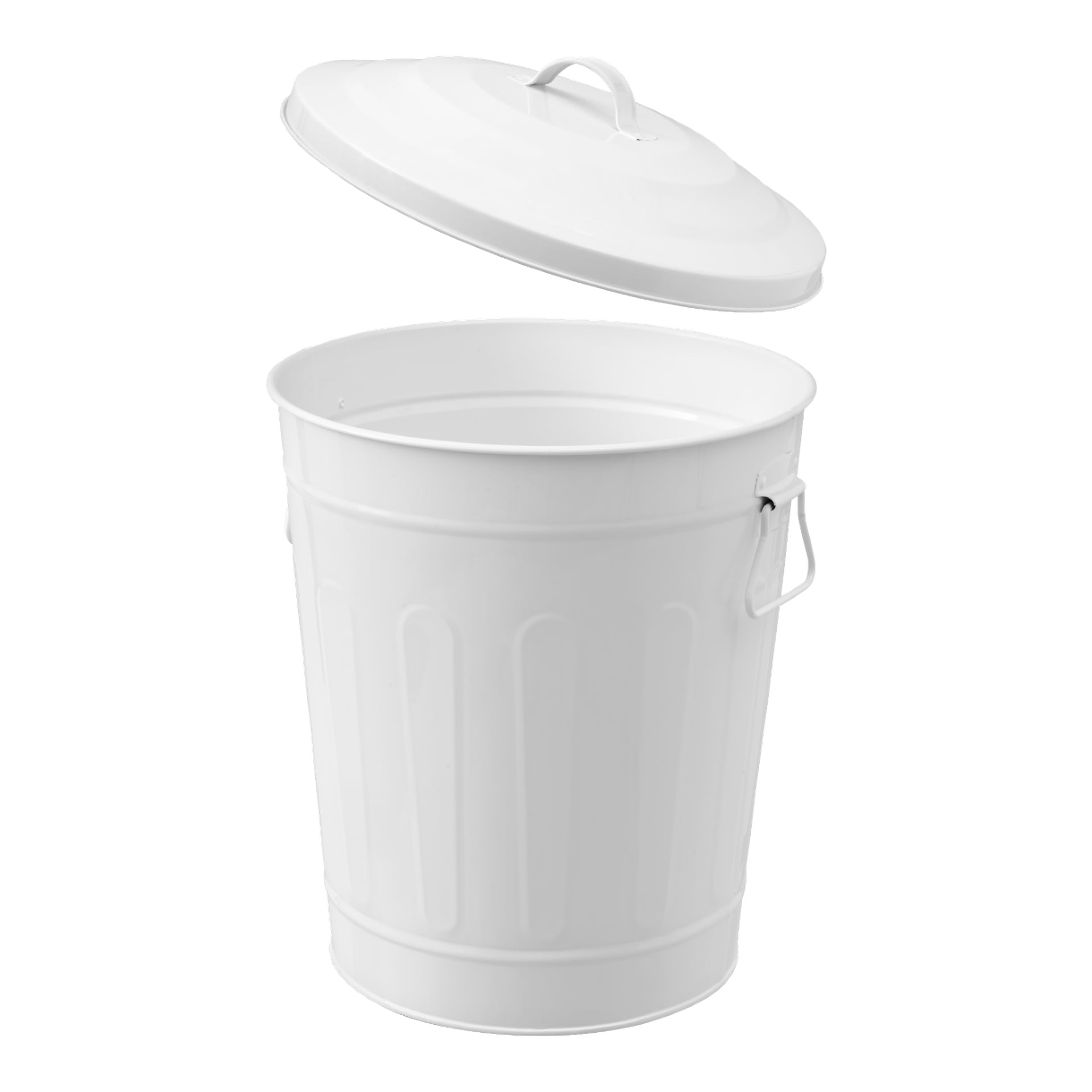 Ett vitt metall Hard Head Tub med sidohandtag, vertikala präglade linjer längs kroppen och ett matchande lock som vilar något upphöjt ovanför behållaren.