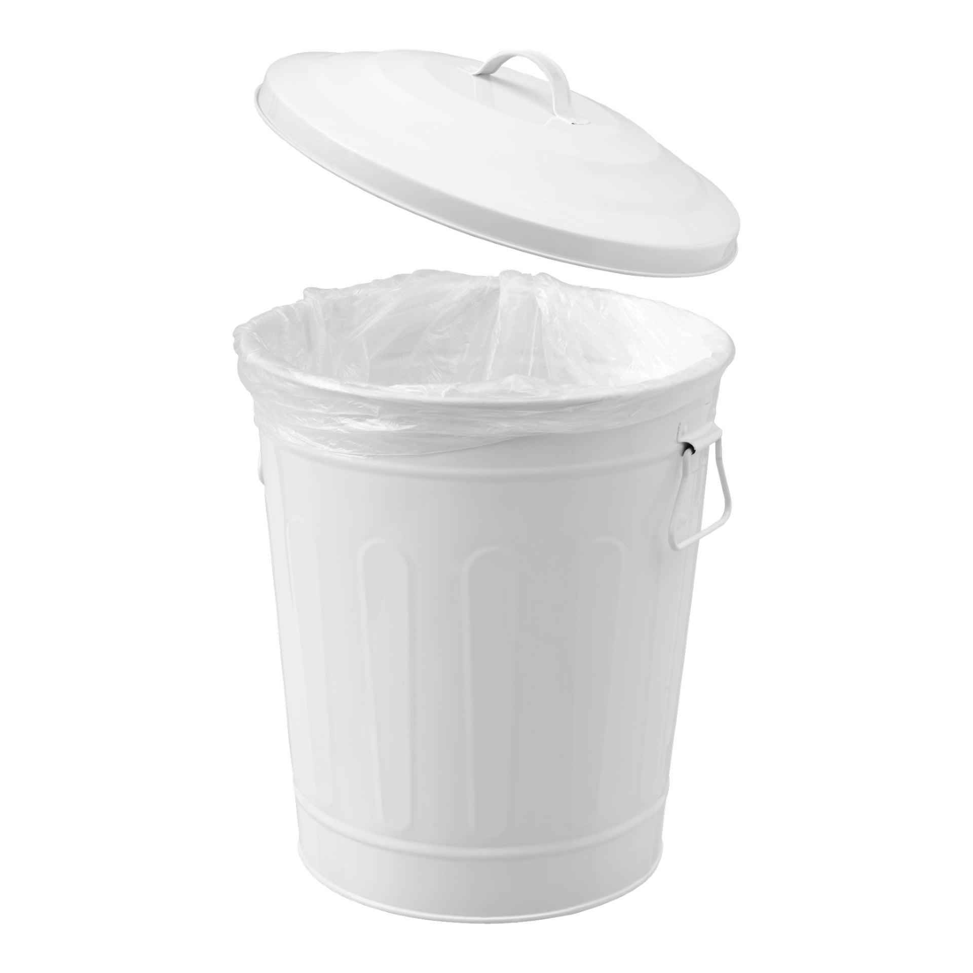 Ett vitt metall Hard Head Tub med lock, designat med vertikala spår på sidorna och två handtag. Locket är något upphöjt för att visa den öppna toppen, där ett klart plastskydd kan ses inuti.