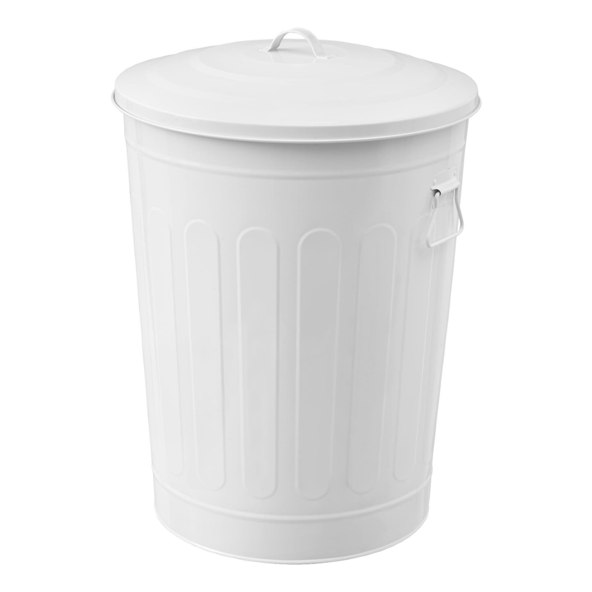 Hard Head Tub med lock är en robust vit metallbehållare med sidohandtag och ett tätt sittande lock, som står upprätt.
