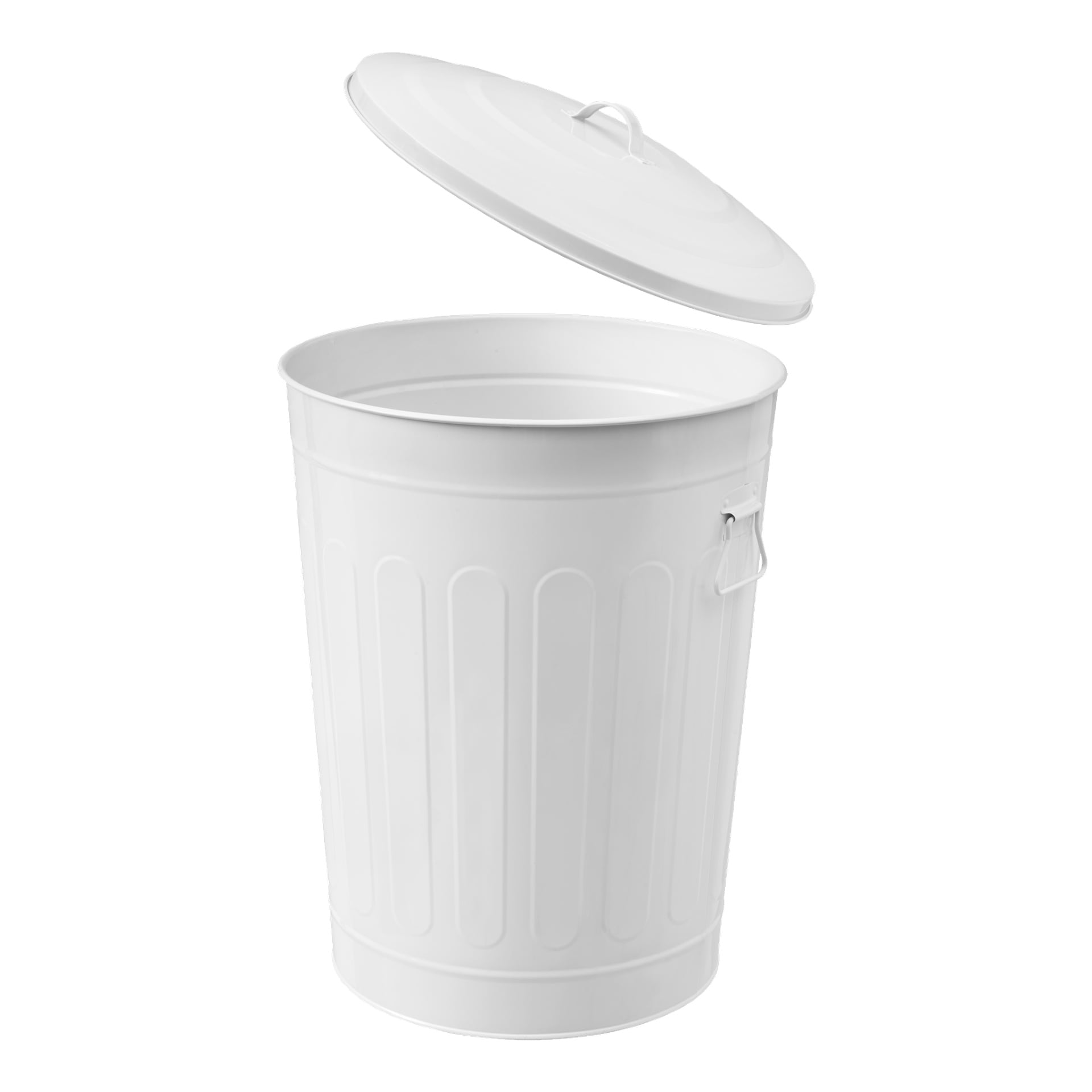 En enkel vit metalltub från Hard Head, designad med vertikala spår och ett sidohandtag. Det matchande omärkta locket visas ovanför badkaret.