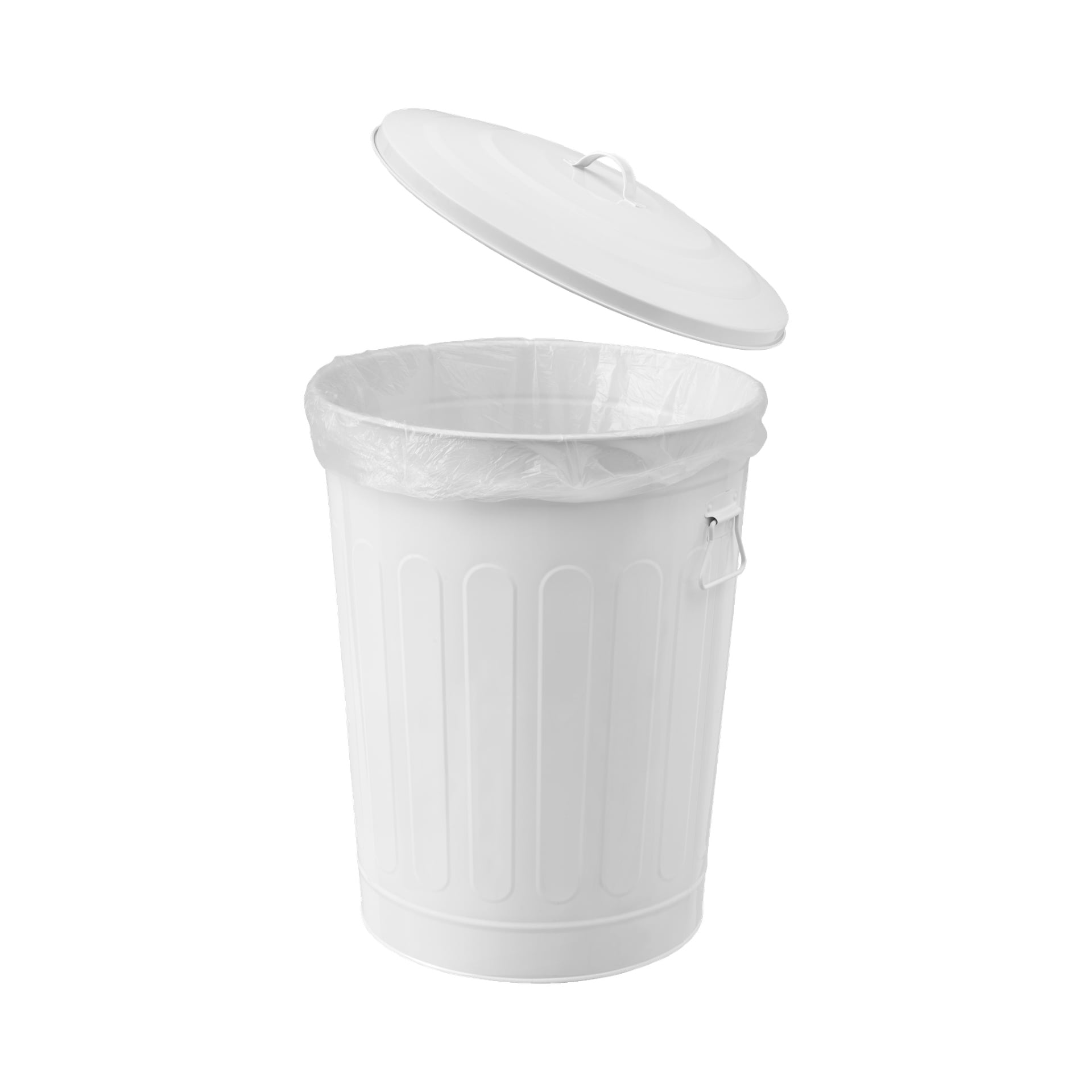 En vit "Hard Head"-behållare med lock, som har vertikala spår, en plastliner inuti och ett metallhandtag på sidan, syns med locket något upphöjt ovanför behållaren.