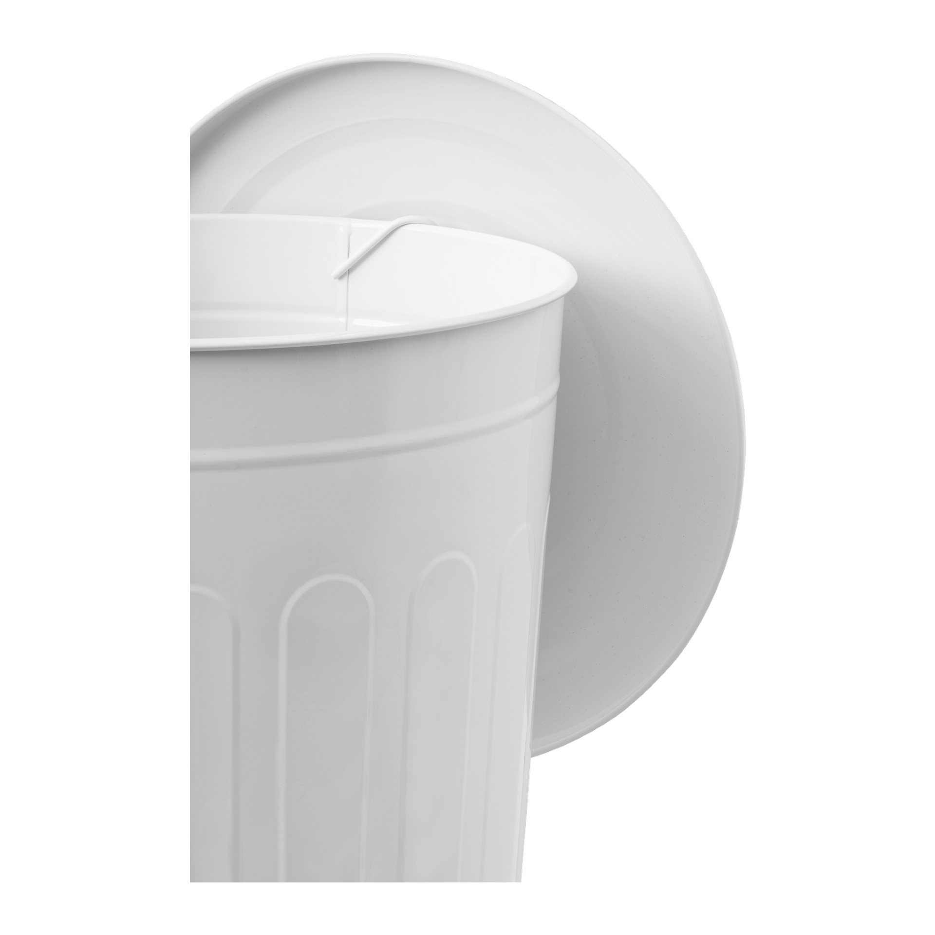 En vit plast Hard Head Tub visas med matchande lock lutat mot sidan.