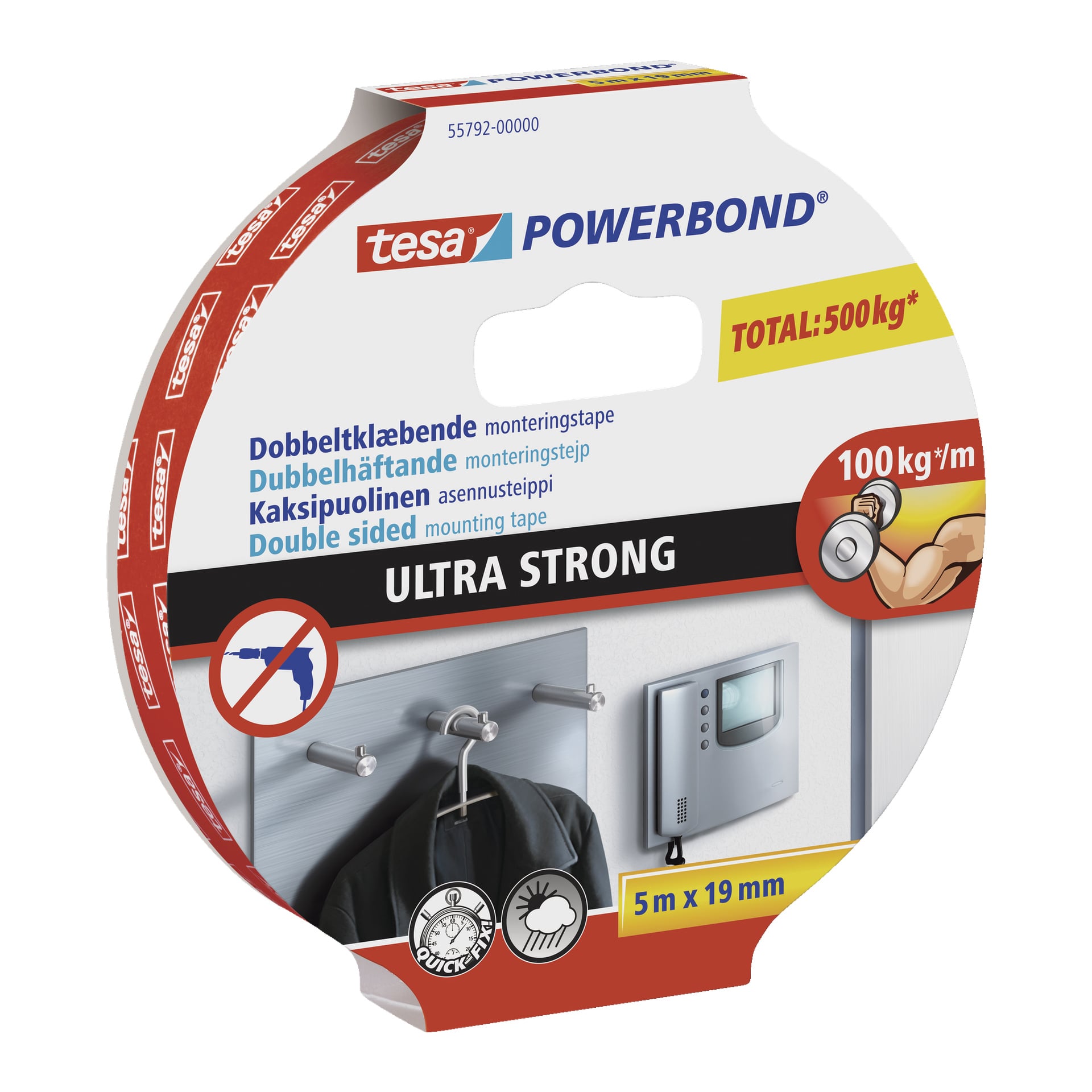 Ett cirkulärt paket med tesa Powerbond Ultra Strong dubbelsidigt tejp visas. Förpackningen visar en bärkapacitet på 100 kg per meter och listar mått på 5 meter gånger 19 millimeter. Illustrationer på förpackningen visar att tejpen används för att hänga krokar och fästa på väggar.