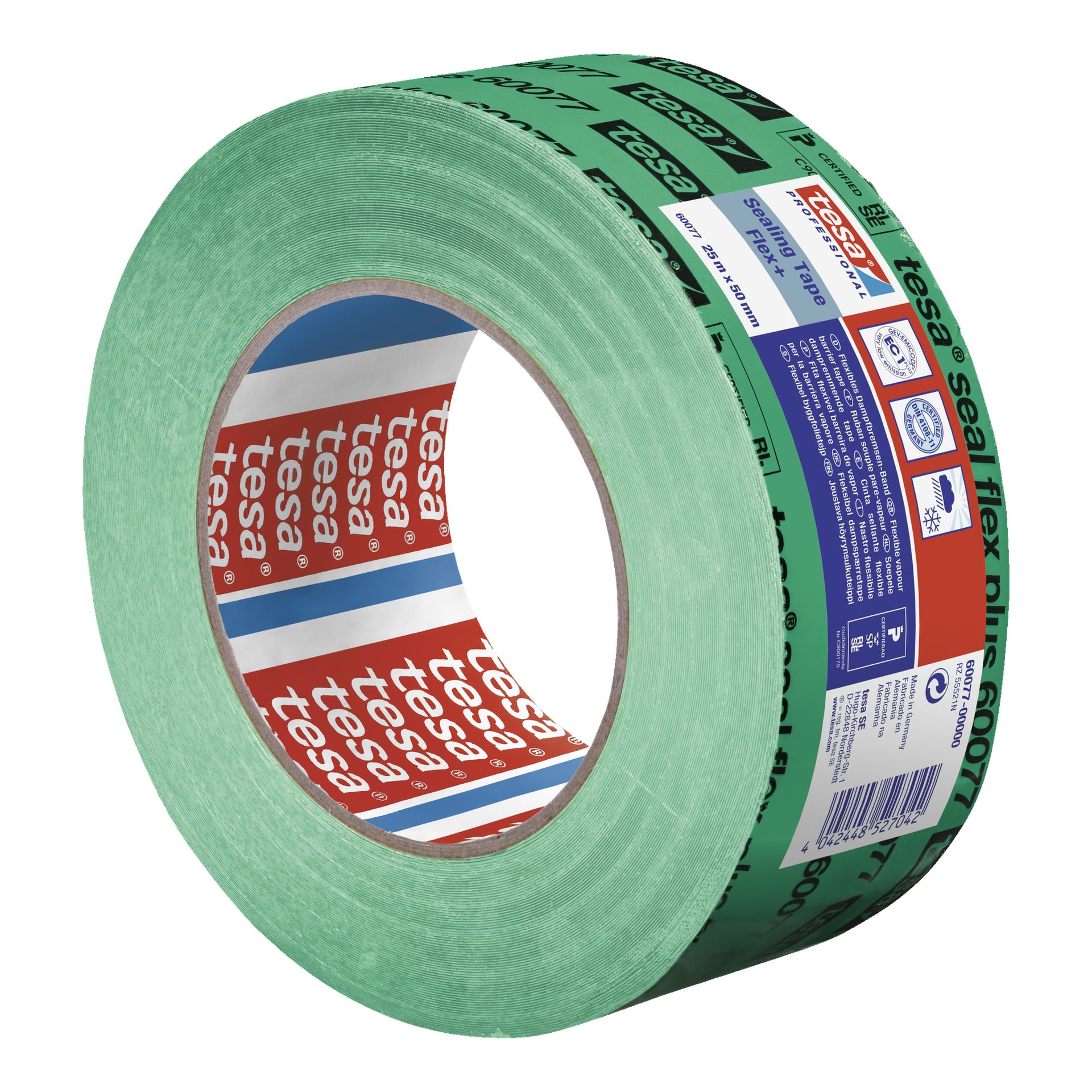 En grön rulle tesa Sealing tape Professional 60077 står upprätt och visar produktdetaljer och logotyper både på den inre etiketten och på den yttre ytan. Bandet verkar oanvänt.