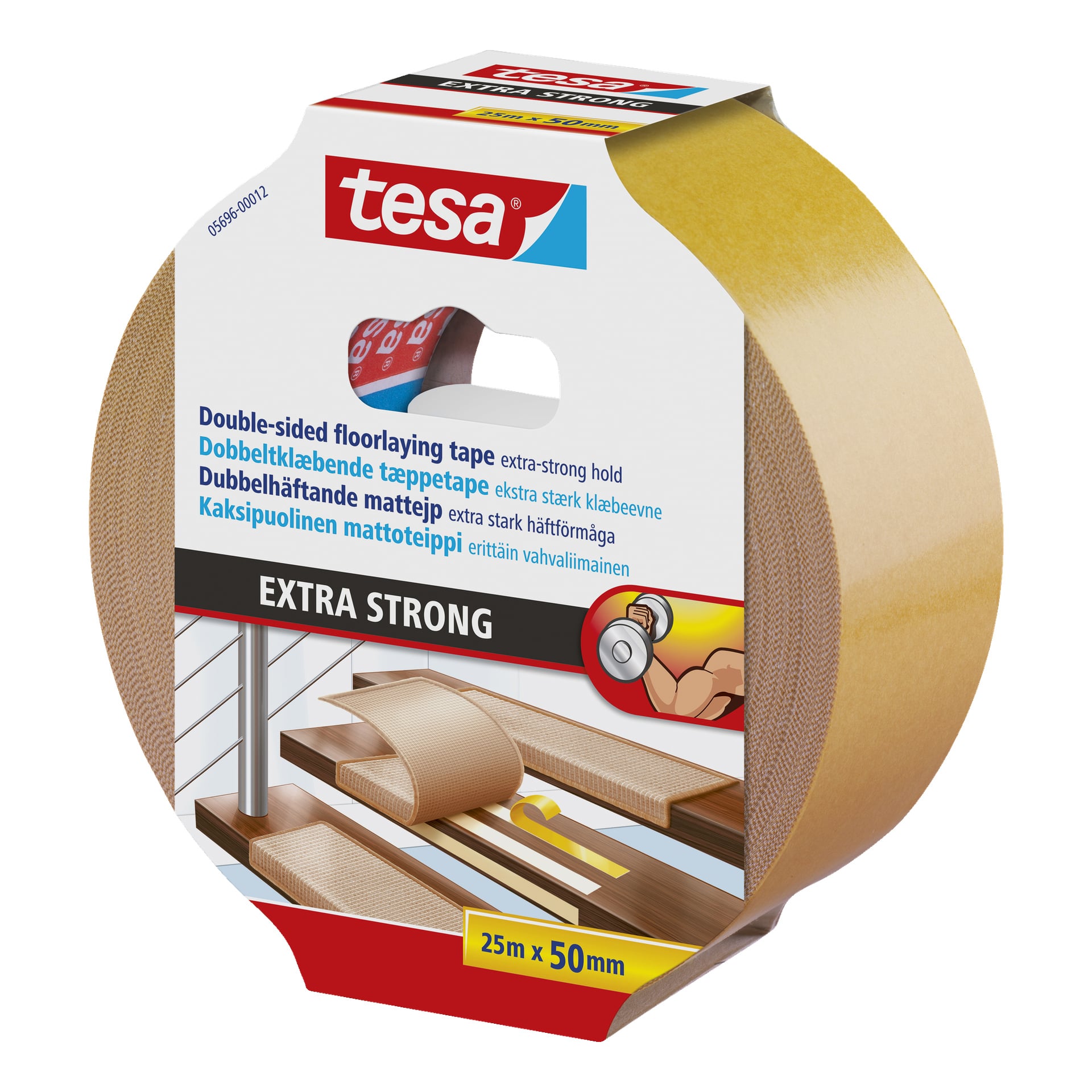Tesa extra stark dubbelsidig golvtejp, 25m x 50mm, i märkesförpackning. Etiketten visar bilder på tejpen som fäster golvbrädorna och listar produktfunktioner.