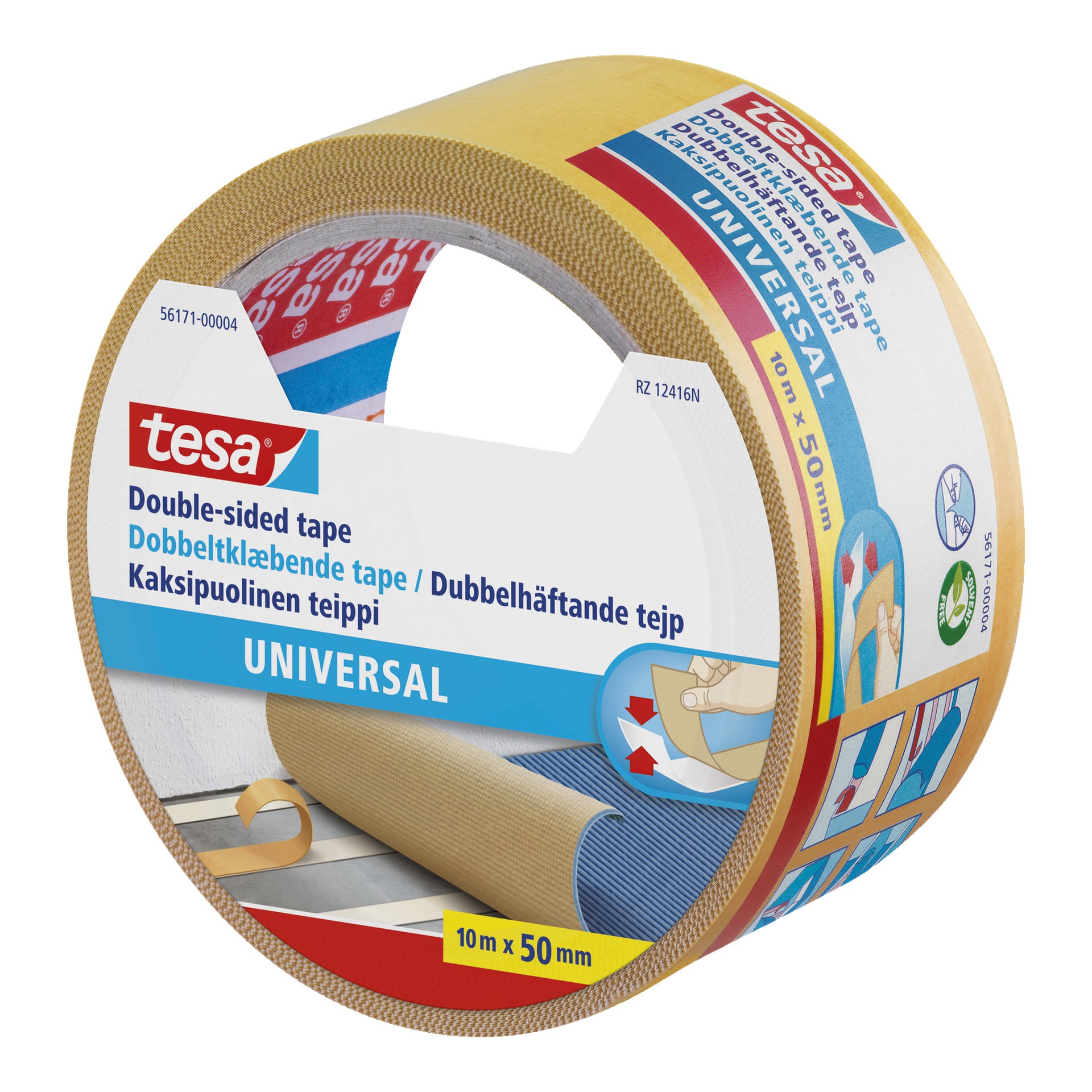 En rulle tesa Floor Tape Universal, 10 meter lång och 50 millimeter bred, visad i förpackningen. Etiketten visar en bild som visar tejpen som används för att laga en matta och visar produktdetaljer.