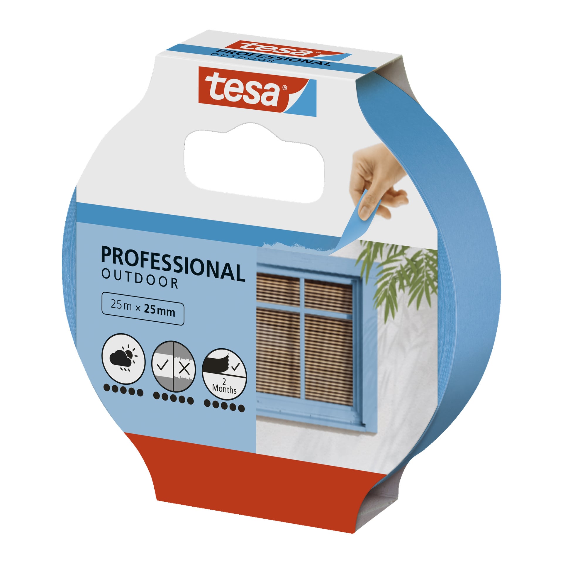 En förpackad rulle tesa maskeringstejp Professional Outdoor, märkt 25m x 25mm. Förpackningen visar symboler som indikerar hållbarhet och väderbeständighet, och inkluderar en bild som visar hur tejpen används runt ett blåramat fönster.