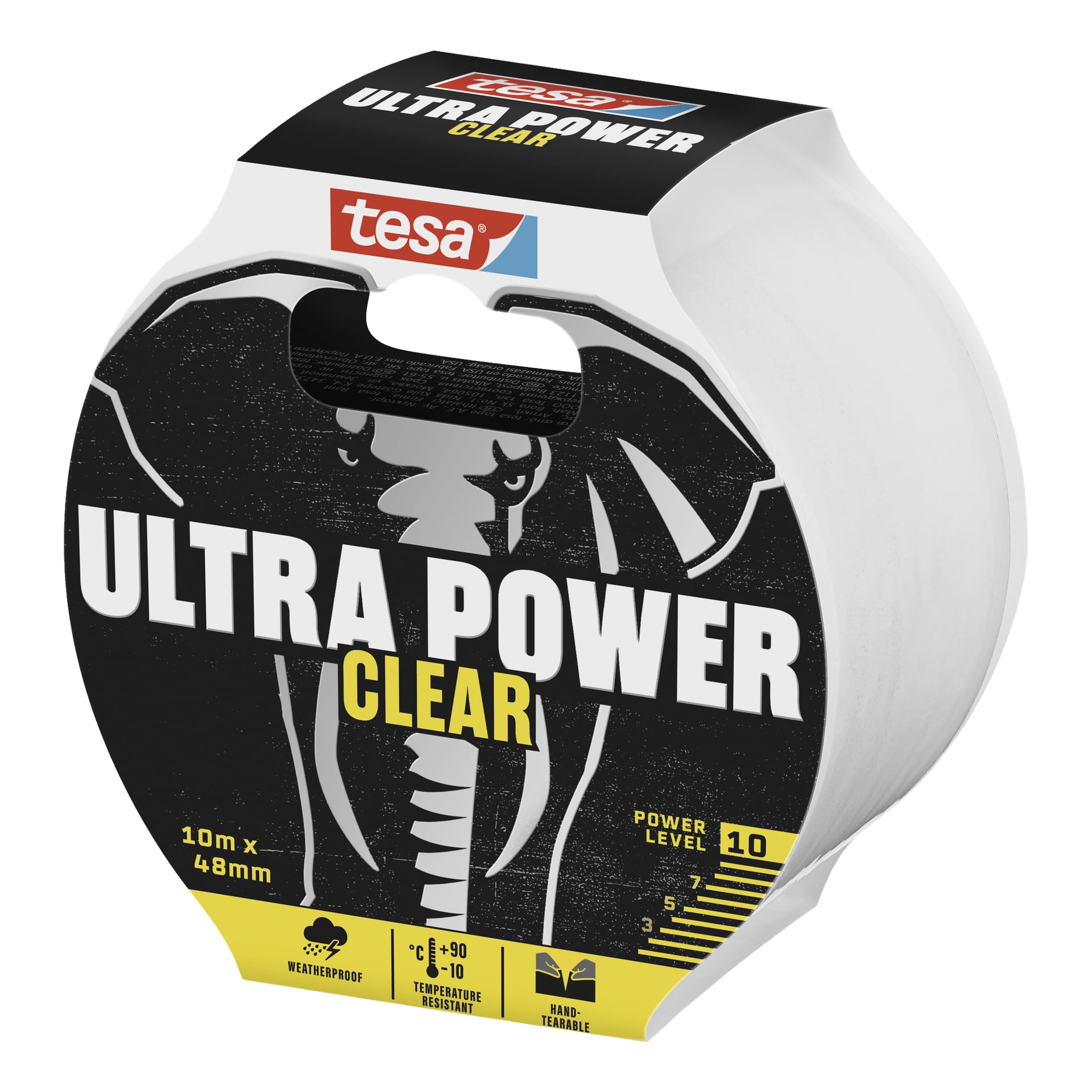 Rolka taśmy tesa Repair Ultra Power Clear, 10m x 48mm, w czarnym opakowaniu z grafiką słonia; oznaczona jako odporna na warunki atmosferyczne, rozrywalna ręcznie i odpowiednia do -6°C do 90°C.