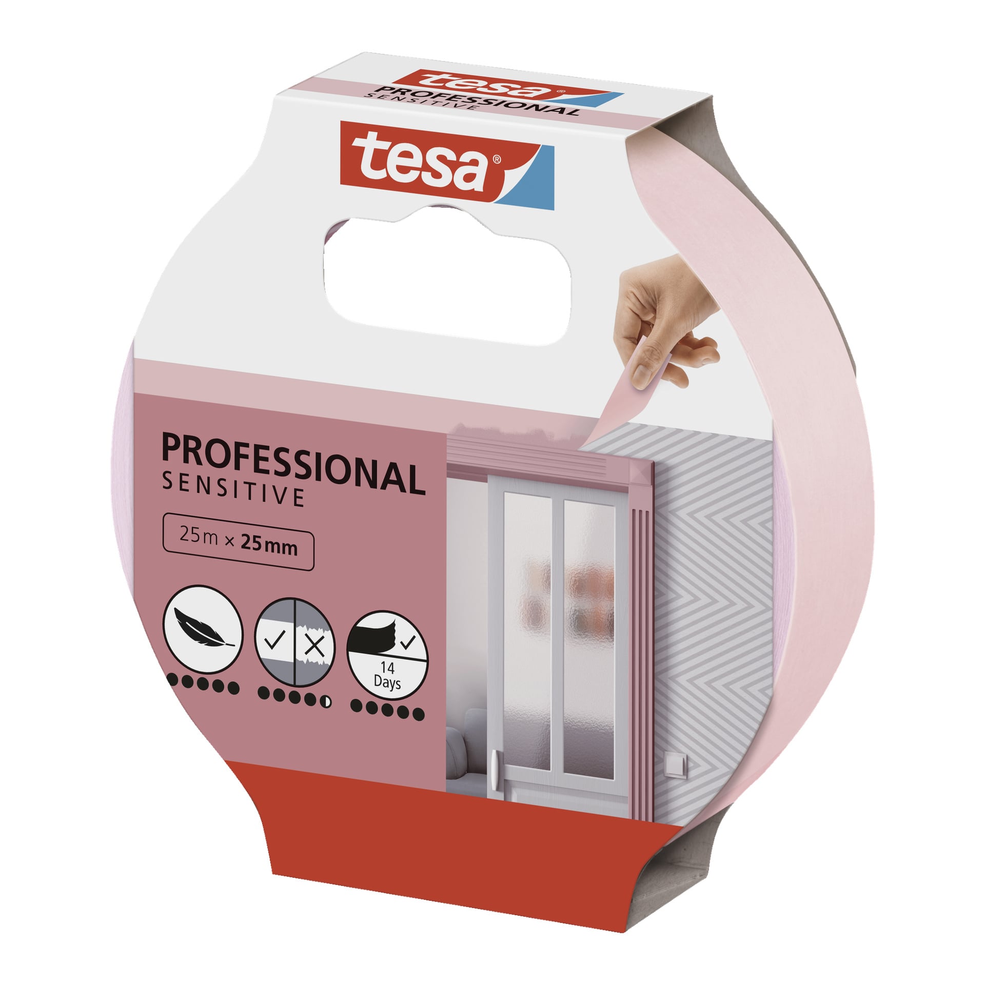 Tesa Professional Sensitive maskeringstejp i rosa förpackning, specificerad som 25m x 25mm. Lådan visar en hand som applicerar tejp på en rosa dörrkarm och visar ikoner för användning på känsliga ytor och enkel borttagning efter 14 dagar.