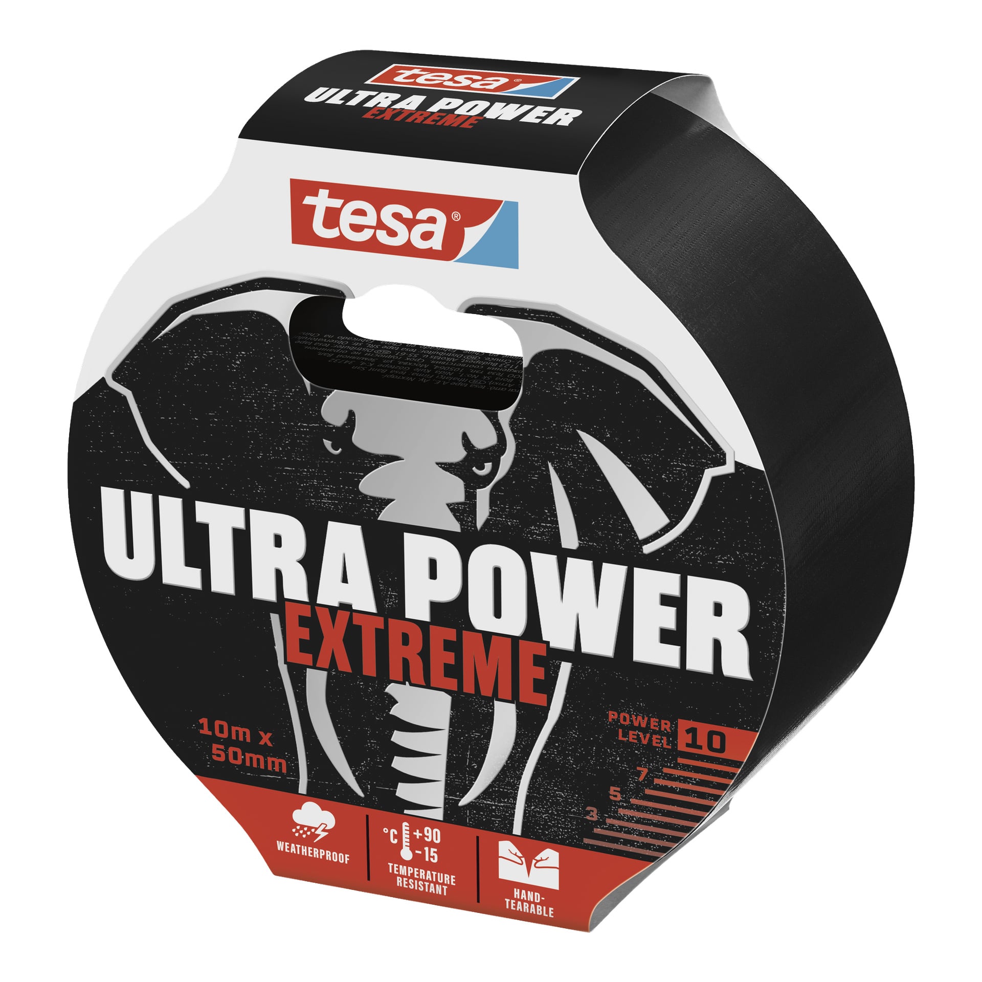 Tesa Repair Tape Ultra Power Extreme rullar i svart förpackning med en elefantbild, vilket visar att den är väderbeständig, tål höga temperaturer och kan rivas för hand. Den visade storleken är 10 meter lång och 50 millimeter bred.