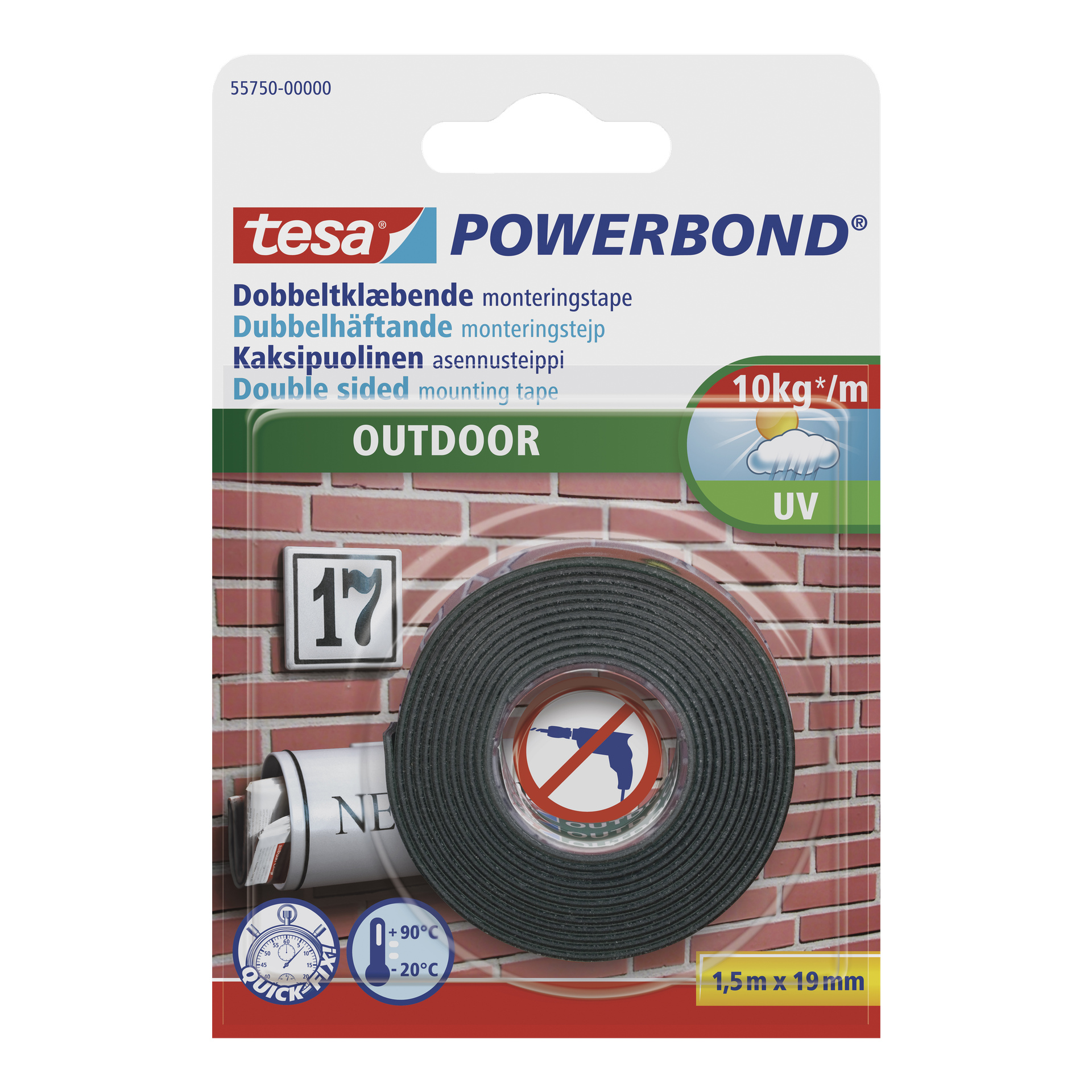 Bilden visar ett paket med tesa Powerbond Outdoor dubbelsidigt självhäftande tejp, där tejprullen är synlig genom ett transparent fönster. Förpackningen betonar detaljer som produktegenskaper, lastkapacitet och användningsanvisningar.