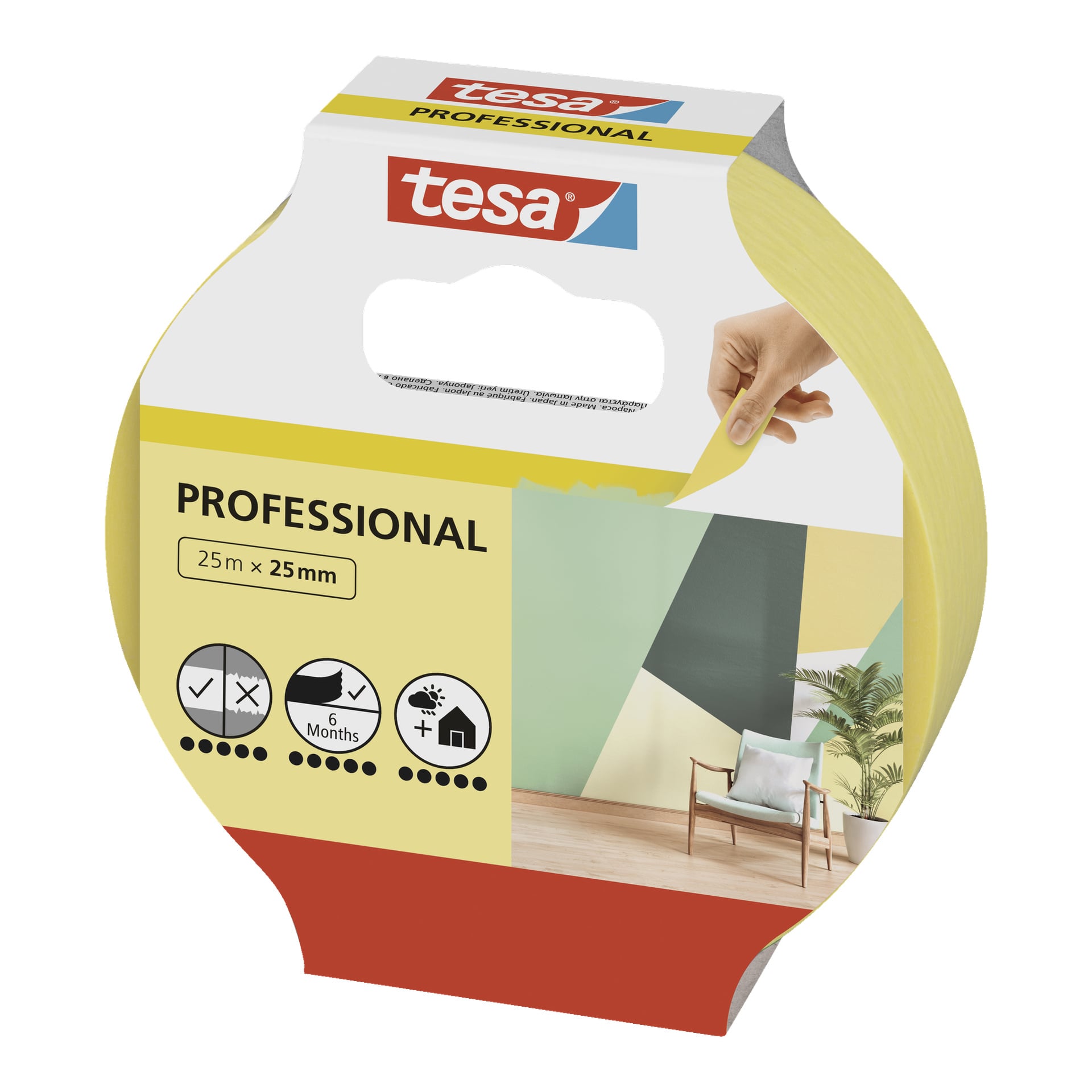 En låda med tesa Professional Maskeringstejp, 25 meter lång och 25 millimeter bred. Förpackningen visar tesa-logotypen, en illustration av en handdragningstejp, produktsymboler och en bild som visar ett modernt rum med målade väggar, en stol och en växt.