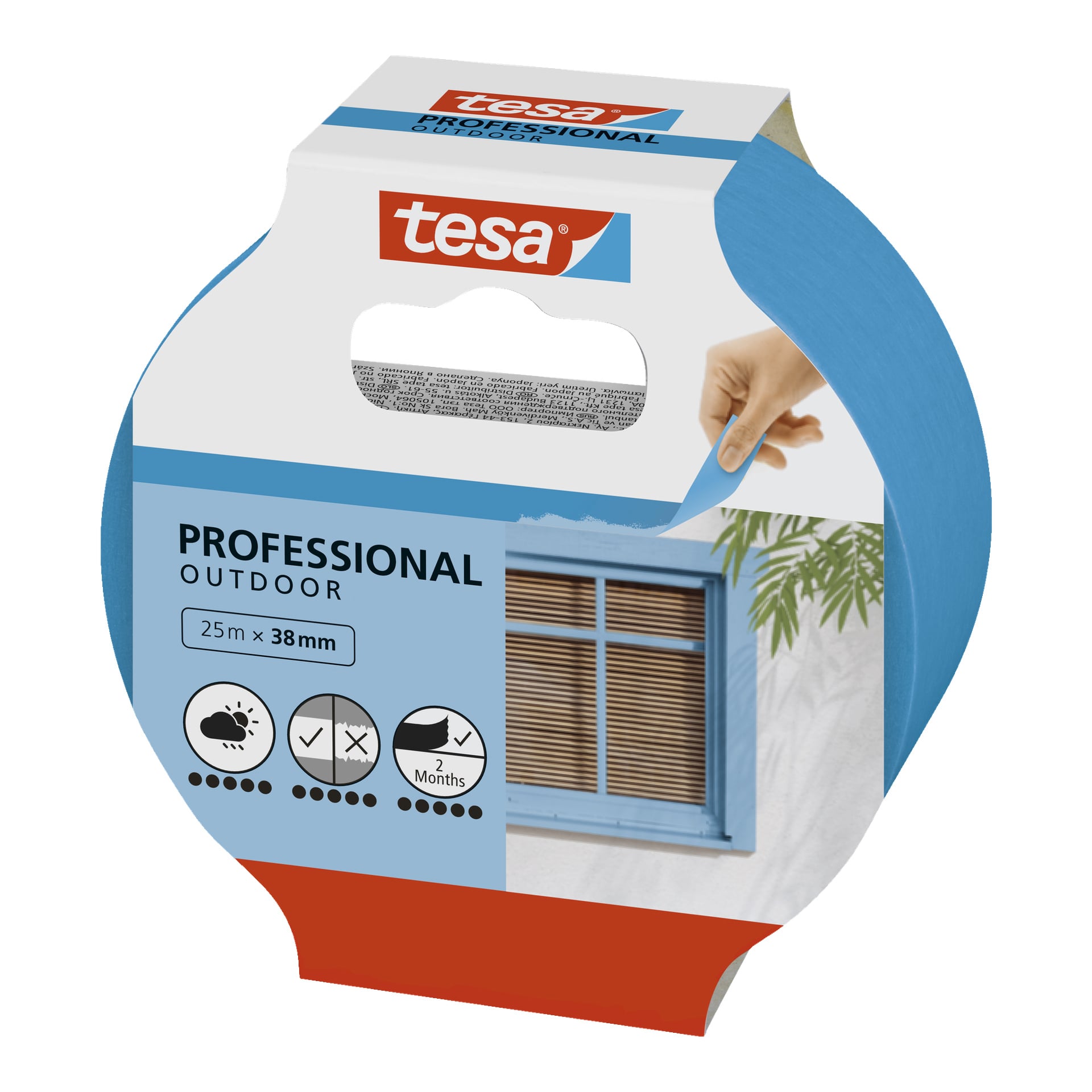 En förpackad rulle tesa Maskeringstejp Professional Outdoor visar märket, storleken (25 m x 38 mm) och flera användningsikoner. En hand visas som drar av tejpen bredvid en bild av en blå fönsterram.