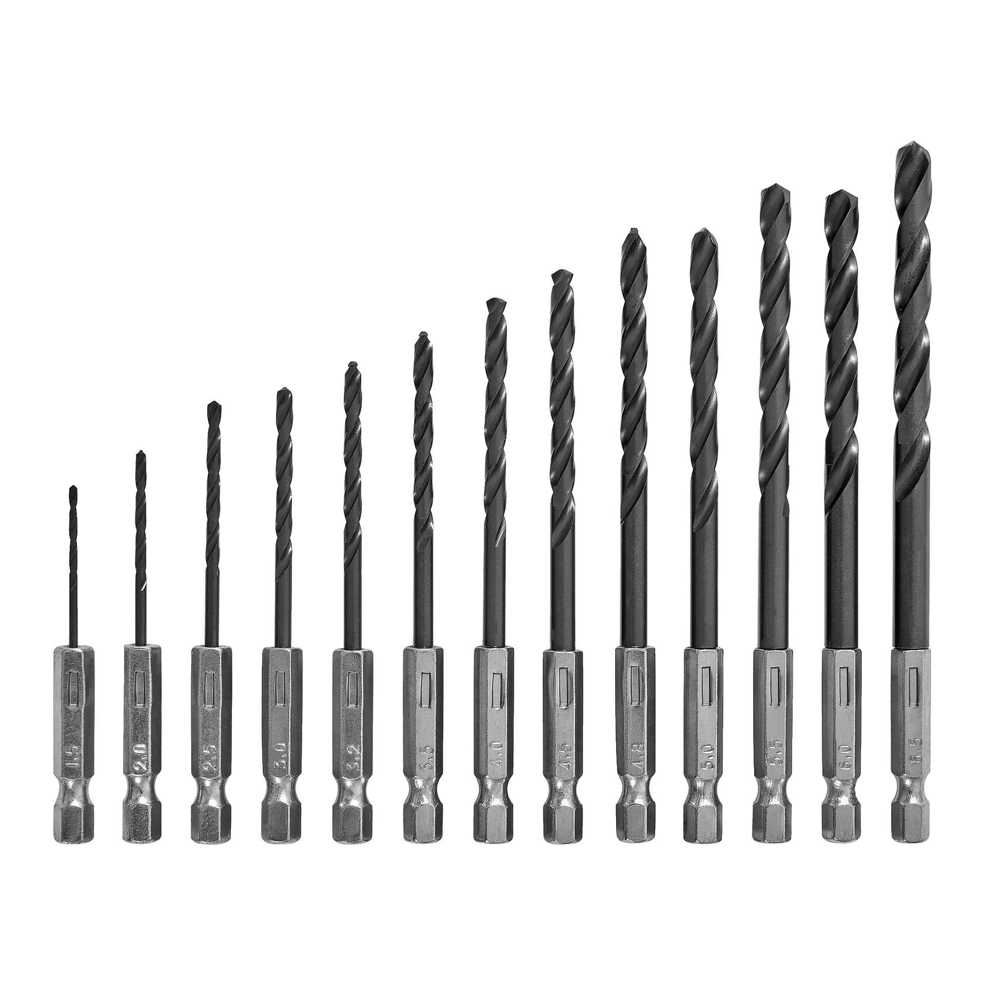 Tretton Meec Tools-borrbitar märkta "Borrset 13 delar" är uppradade i ordning från minsta och tunnaste till största och tjockaste. Varje borr har en sexkantig skaft och en spiralaxel för borrning.