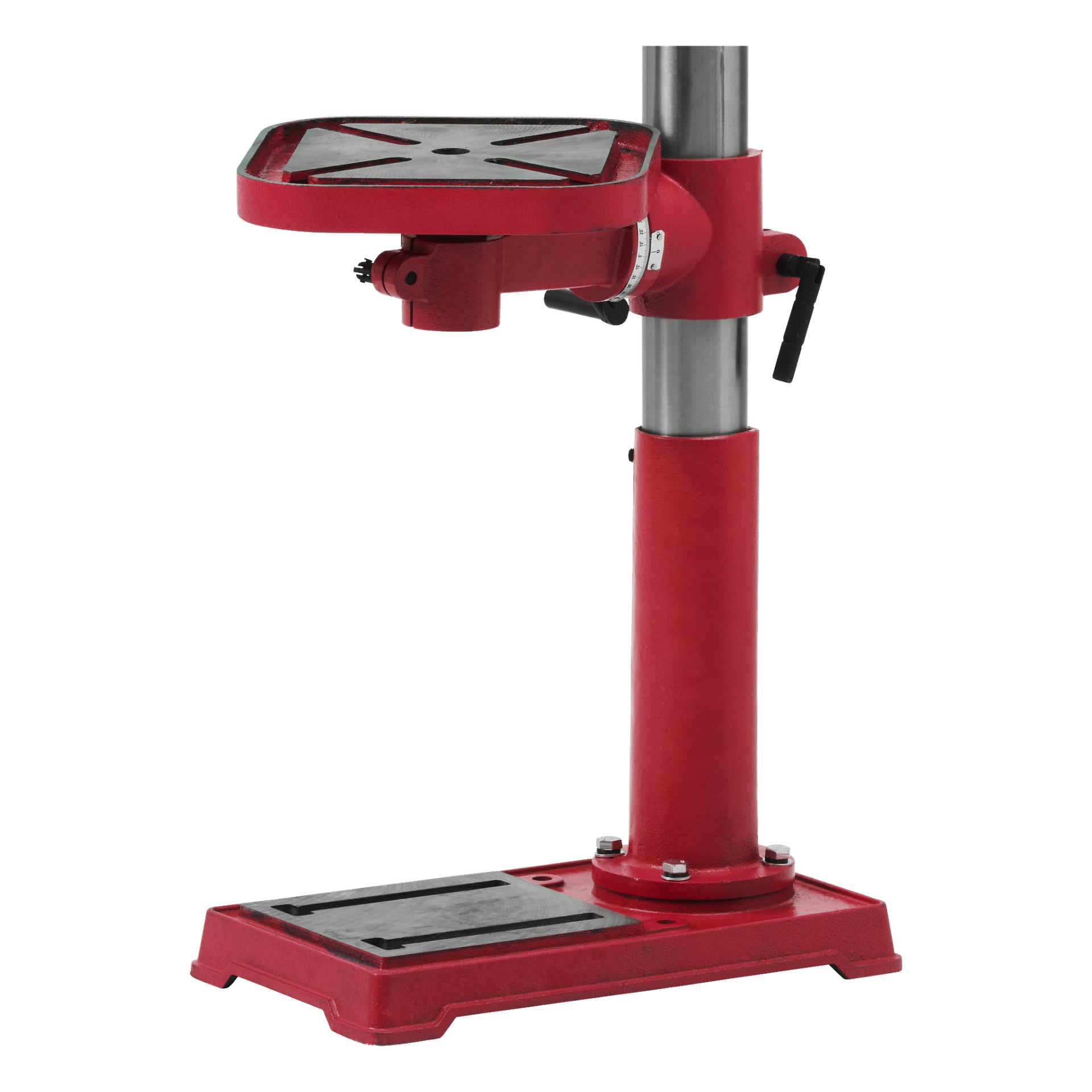 Red Meec Tools SD-W HOME 500 pelarborr med stadig bas, platt arbetsbord, justeringsspakar; inga bitar eller verktyg fastsatta.