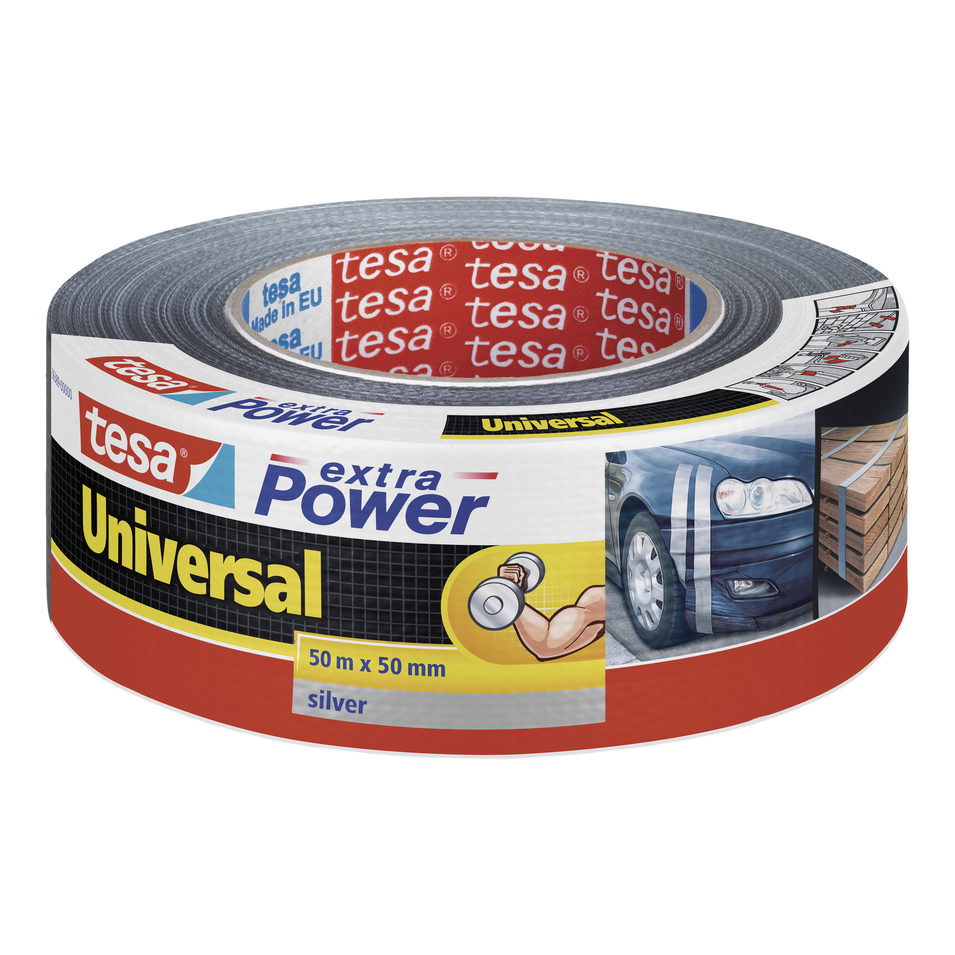 En silverrulle med tesa Duct Tape Extra Power Universal, i storleken 50 mm gånger 50 meter, med förpackning som visar en bil, trälådor och en teckning av en muskulös arm som lyfter en hantel.