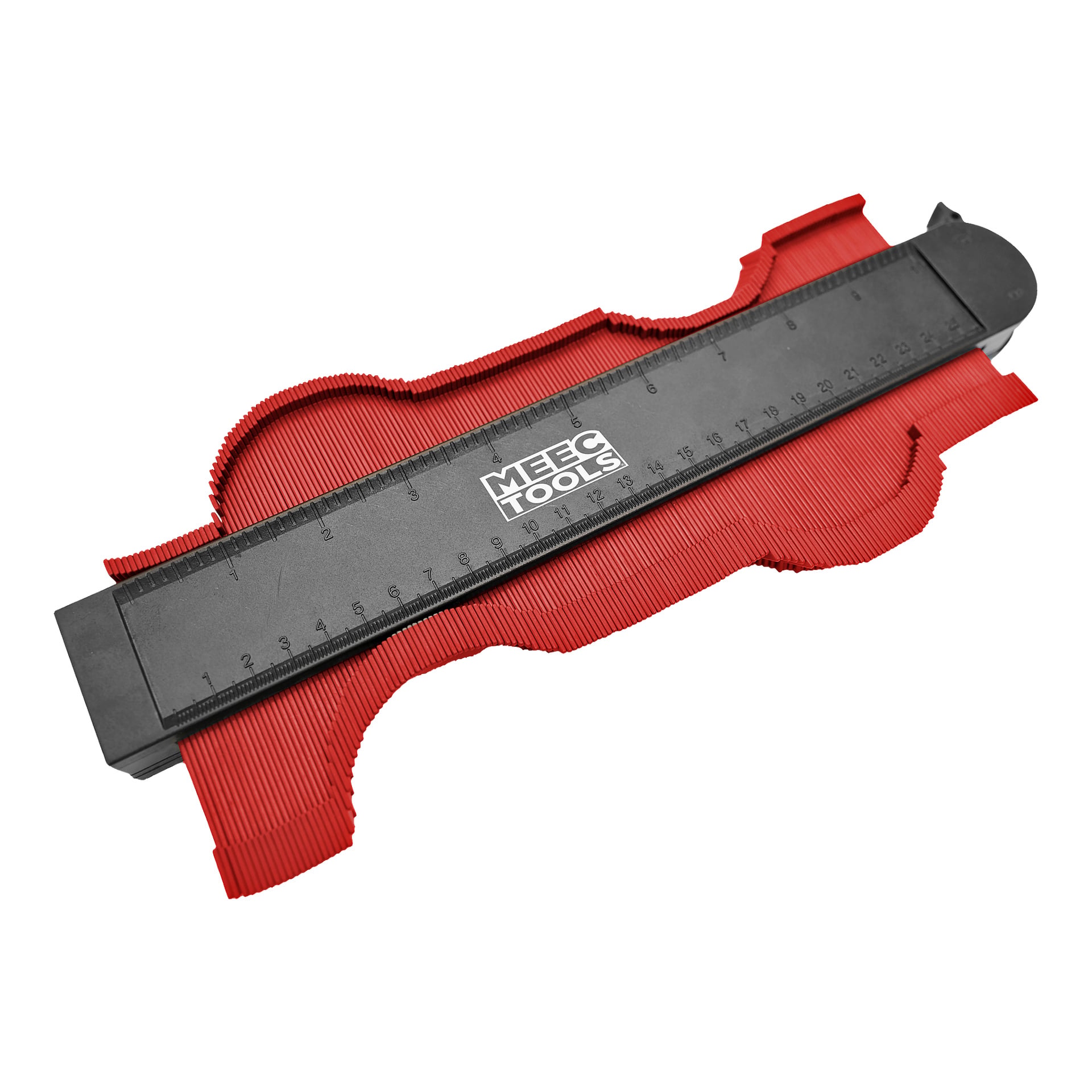 En röd och svart Meec Tools konturmätare med plaststift, mätmarkeringar och Meec Tools-logotypen på linjaldelen, avsedd för att återskapa oregelbundna former.