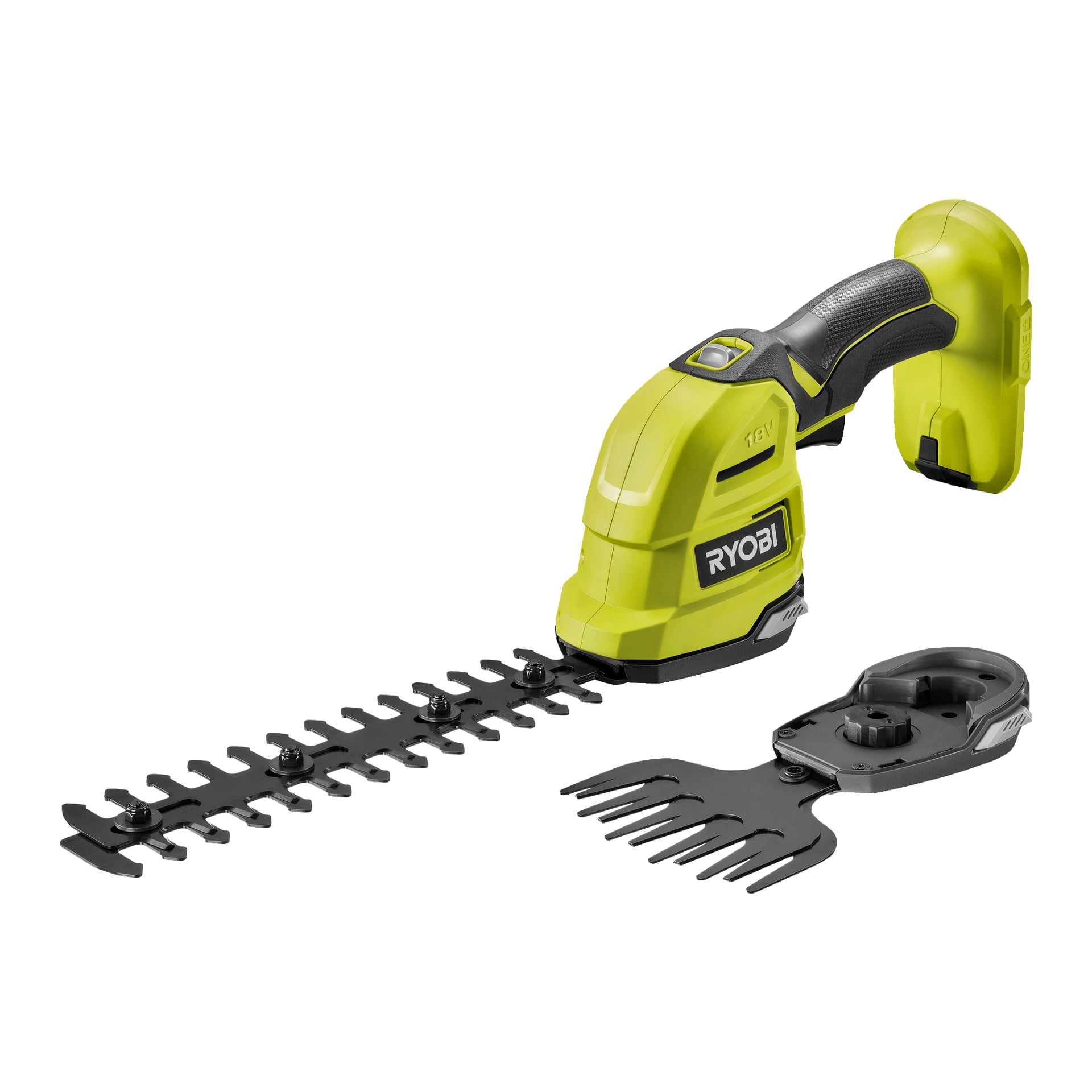 Żółto-ręczna trymerka Ryobi One+ Multi-trimmer RY18GSA-0 z baterią 18V, z osobnym mocowaniem do ścinania trawy umieszczonym obok.
