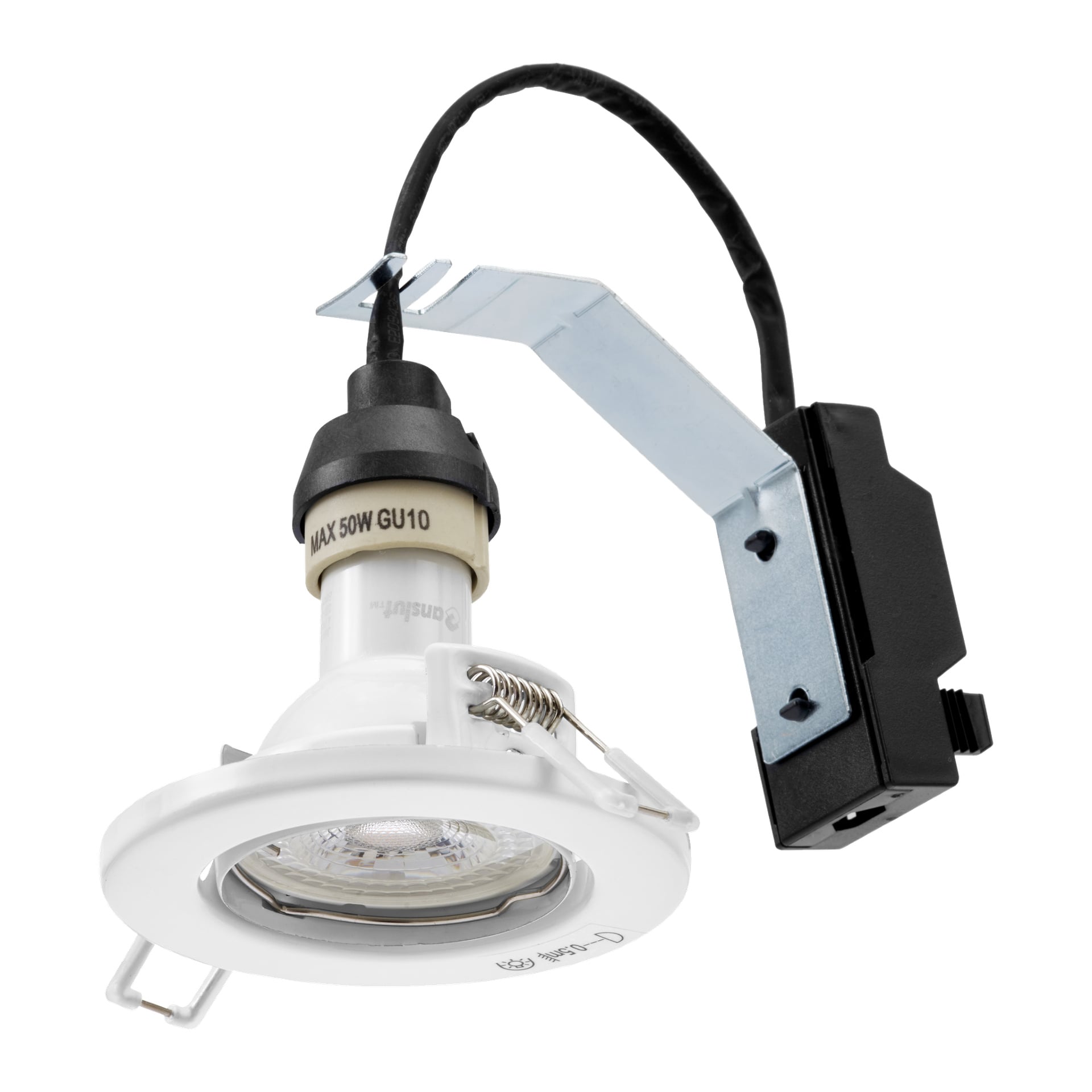 Anslut Dimmable LED-downlights, tillgängliga i 3-pack, inkluderar vita infällda takstrålkastare med GU10-socklar, integrerade monteringsfästen och svarta eluttag med ledningar.