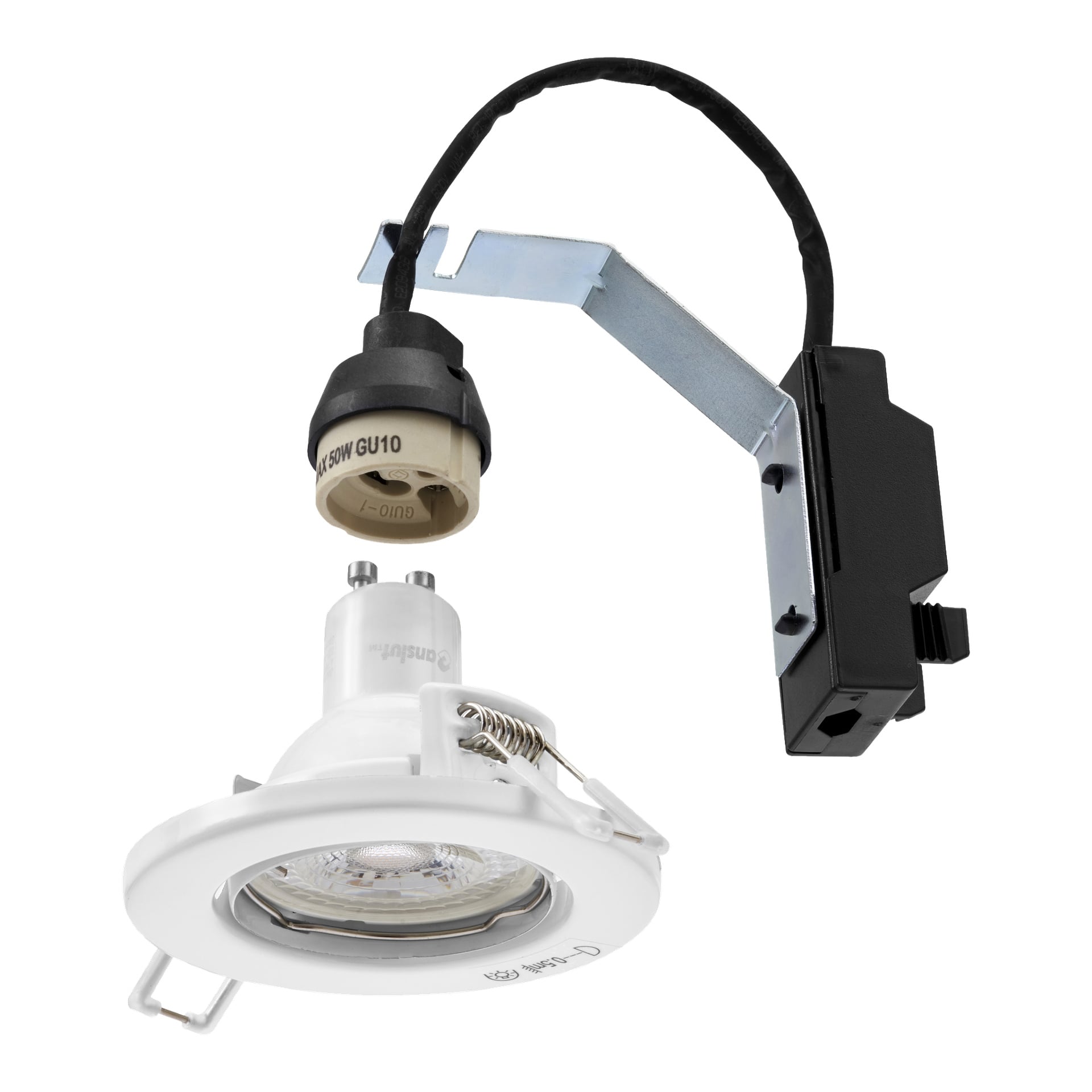Ansluts 3-pack med dimmbara LED-downlights inkluderar infällda takarmaturer med vit list, exponerad glödlampa, anslutna ledningar, metallfästen och en svart kopplingsdosa. Varje lampa har ett uttag märkt för en 50W GU10-lampa.
