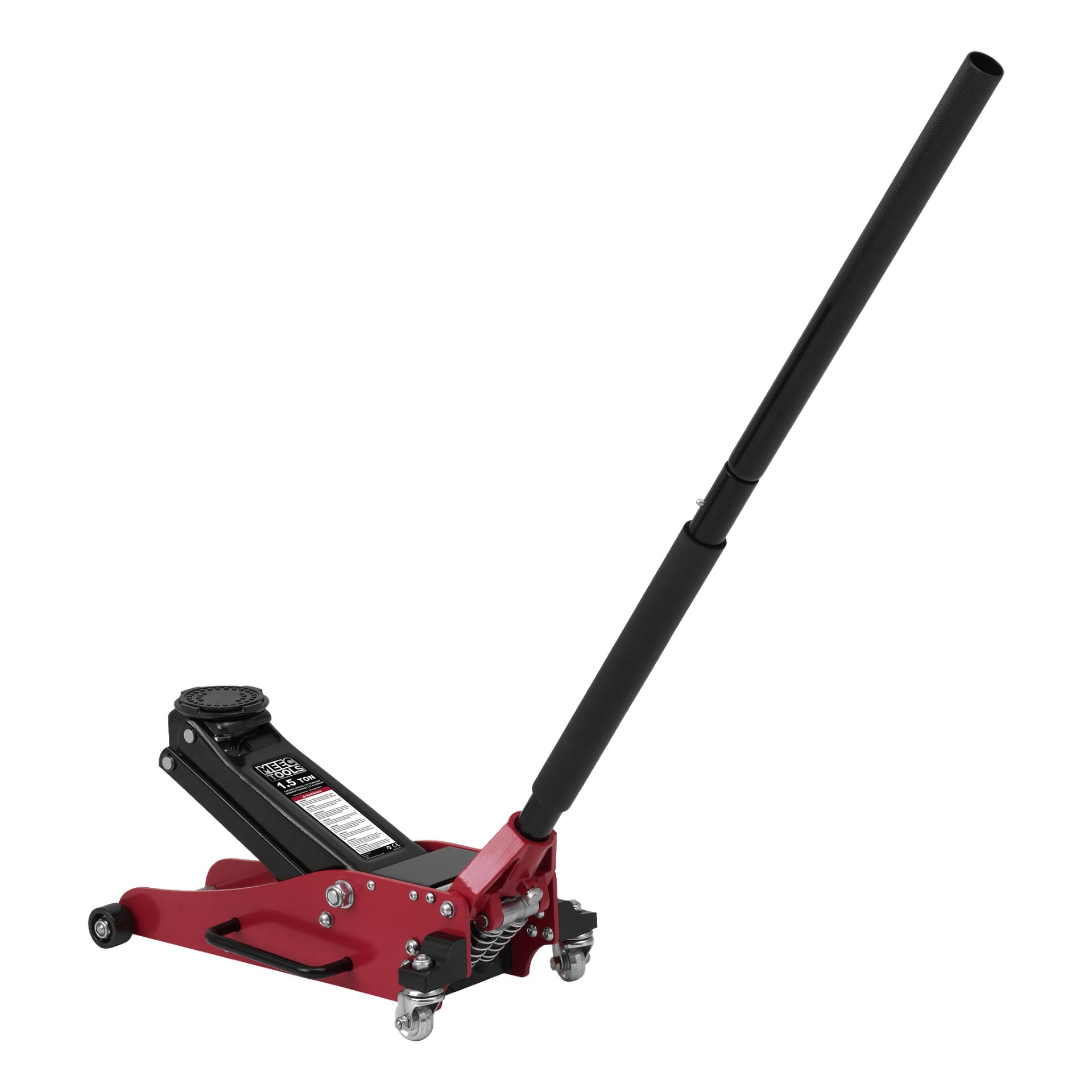 En Meec Tools Jack med aluminiumchassi, röd hydraulisk kaross, långt svart handtag, fyra hjul och lyftplatta.