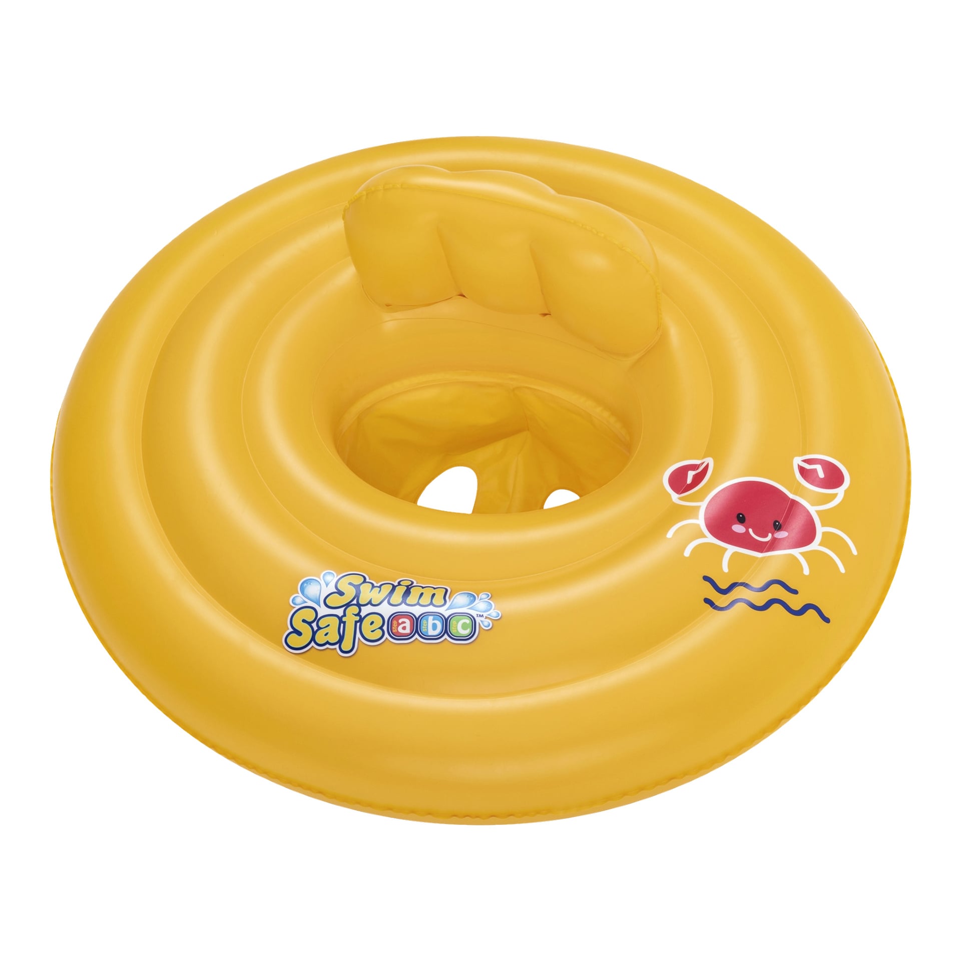 Keltainen Bestway-vauvan uimarengas, jossa on ilmatäytteinen istuin, kahva ja leikkisä punainen sarjakuvarapugrafiikka. Sivulla lukee "Swim Safe ABC". Tehty pienille lapsille.