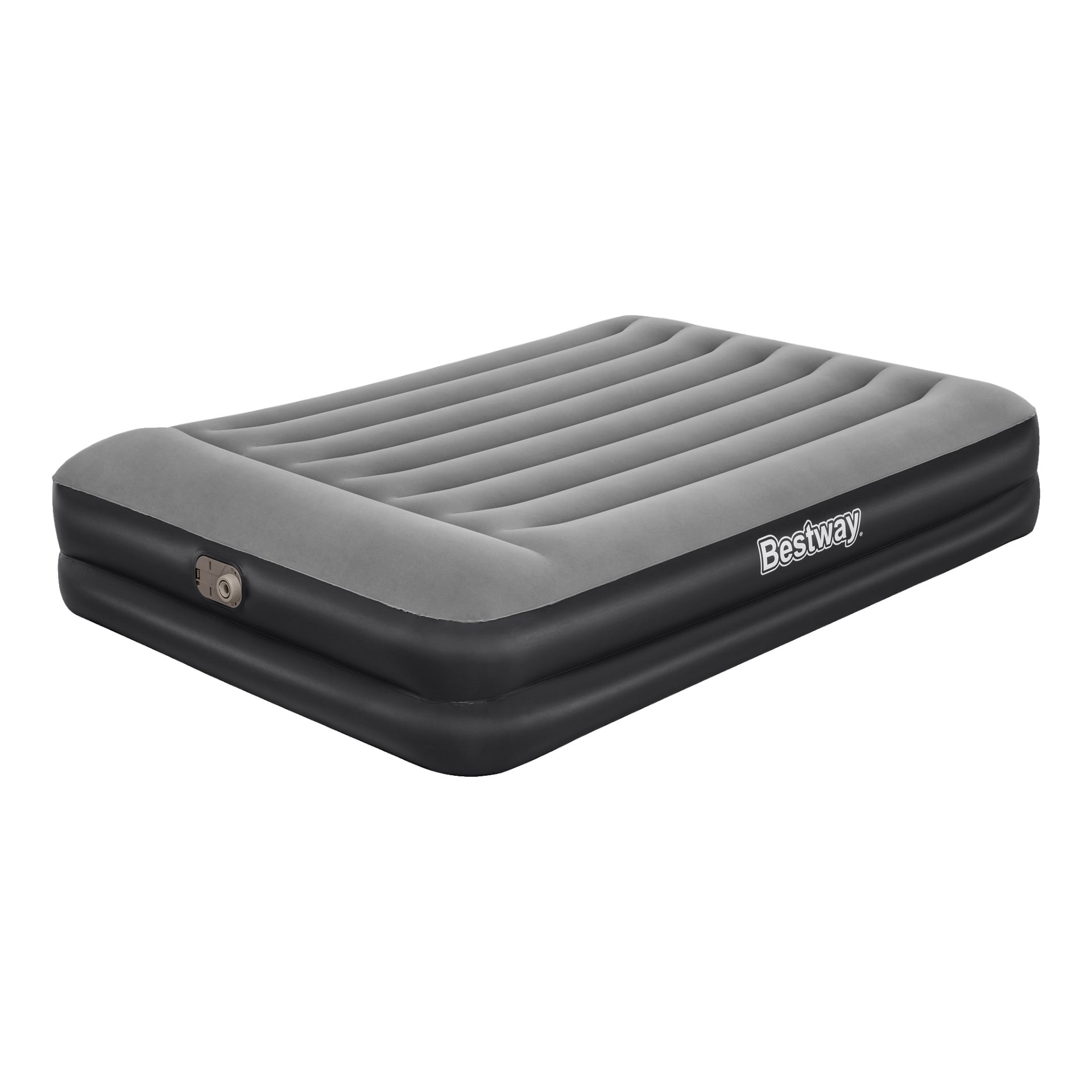 Bestway Inflatable Mattress med inbyggd pump, queenstorlek, har ett grått och svart färgschema, Bestway synlig i främre hörnet, horisontella åsar över ytan och en integrerad pump på ena sidan.