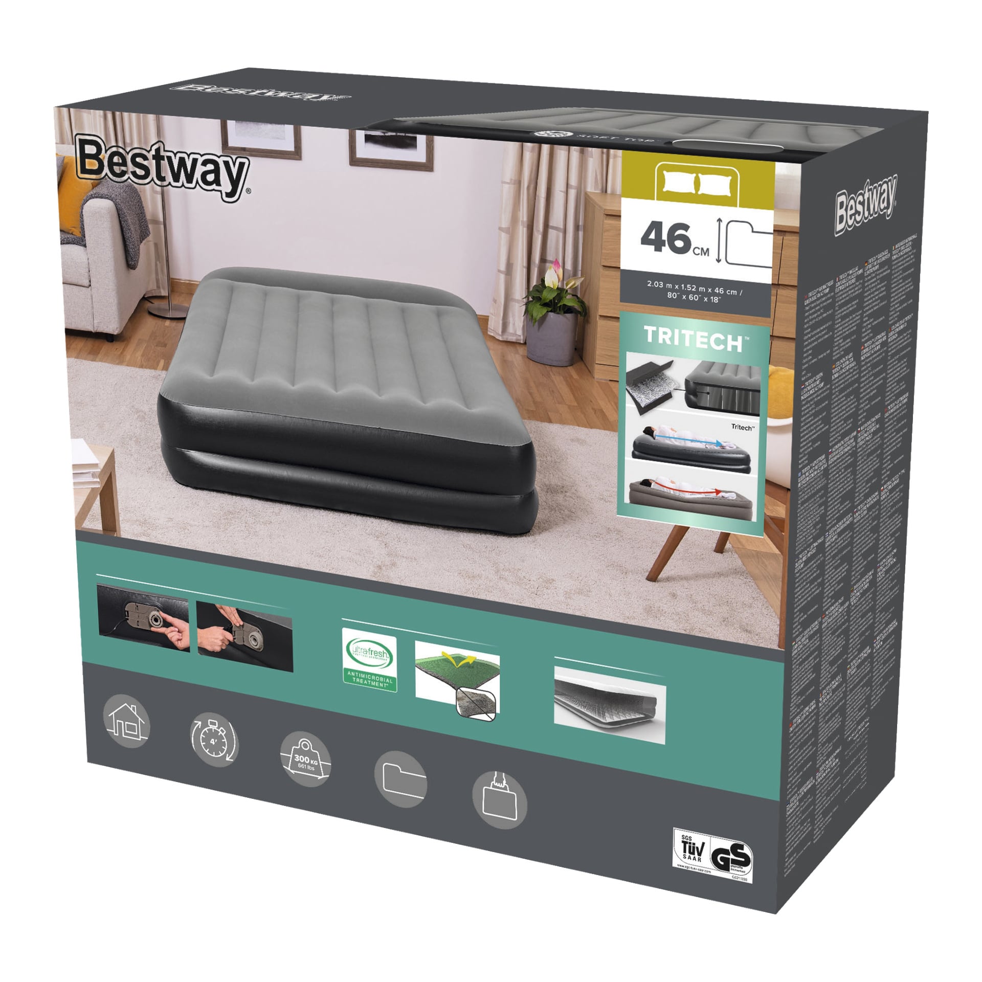 En Bestway Inflatable madrass med inbyggd pump Queen visas i sin låda, med en bild från vardagsrummet, 46 cm höjd, Tritech-material, installationsinstruktioner och olika produktikoner på förpackningen.