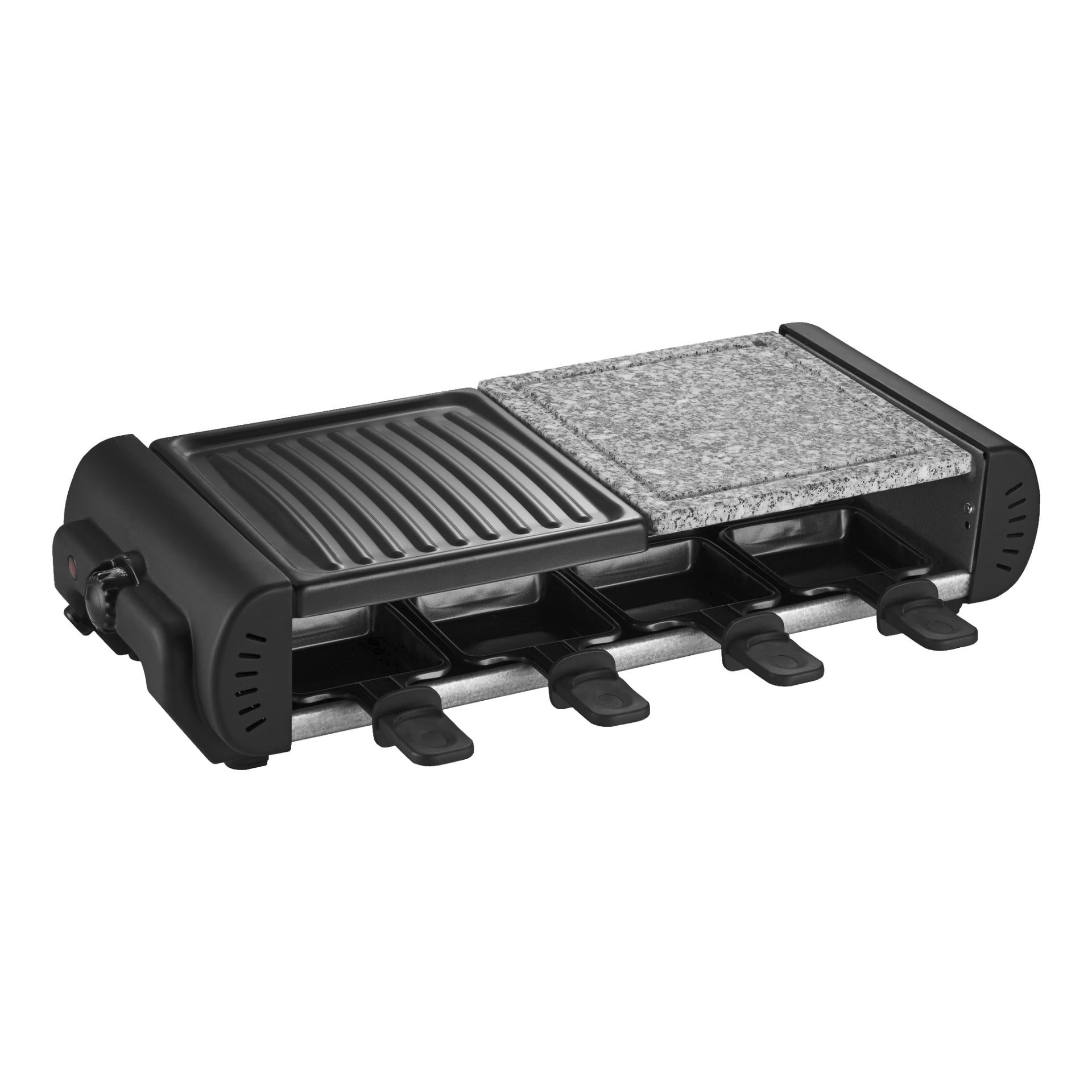 Bright Raclette Grill visar upp en slank rektangulär svart konstruktion, med en stenplatta för matlagning, ett metallgrilllock och fyra små handtagsplåtar nedanför som passar för att smälta ost eller grilla portioner.