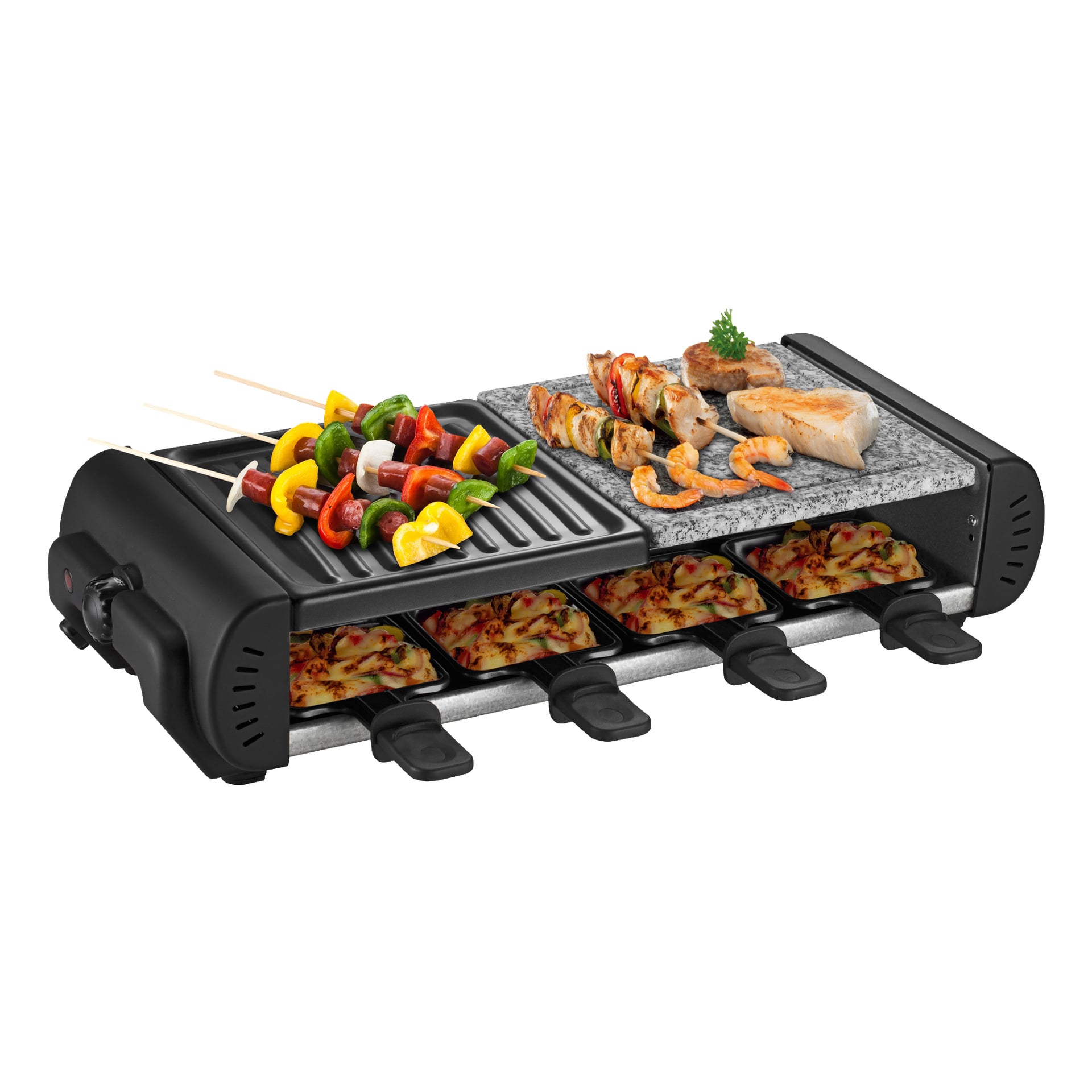 Bright Raclette-grillen är en svart bordsenhet med både en grillplatta och en stenyta för matlagning. Spett med grönsaker, räkor och kyckling är placerade ovanpå, medan individuella brickor fyllda med smält ost placeras under, vilket gör det möjligt att tillaga flera rätter samtidigt.