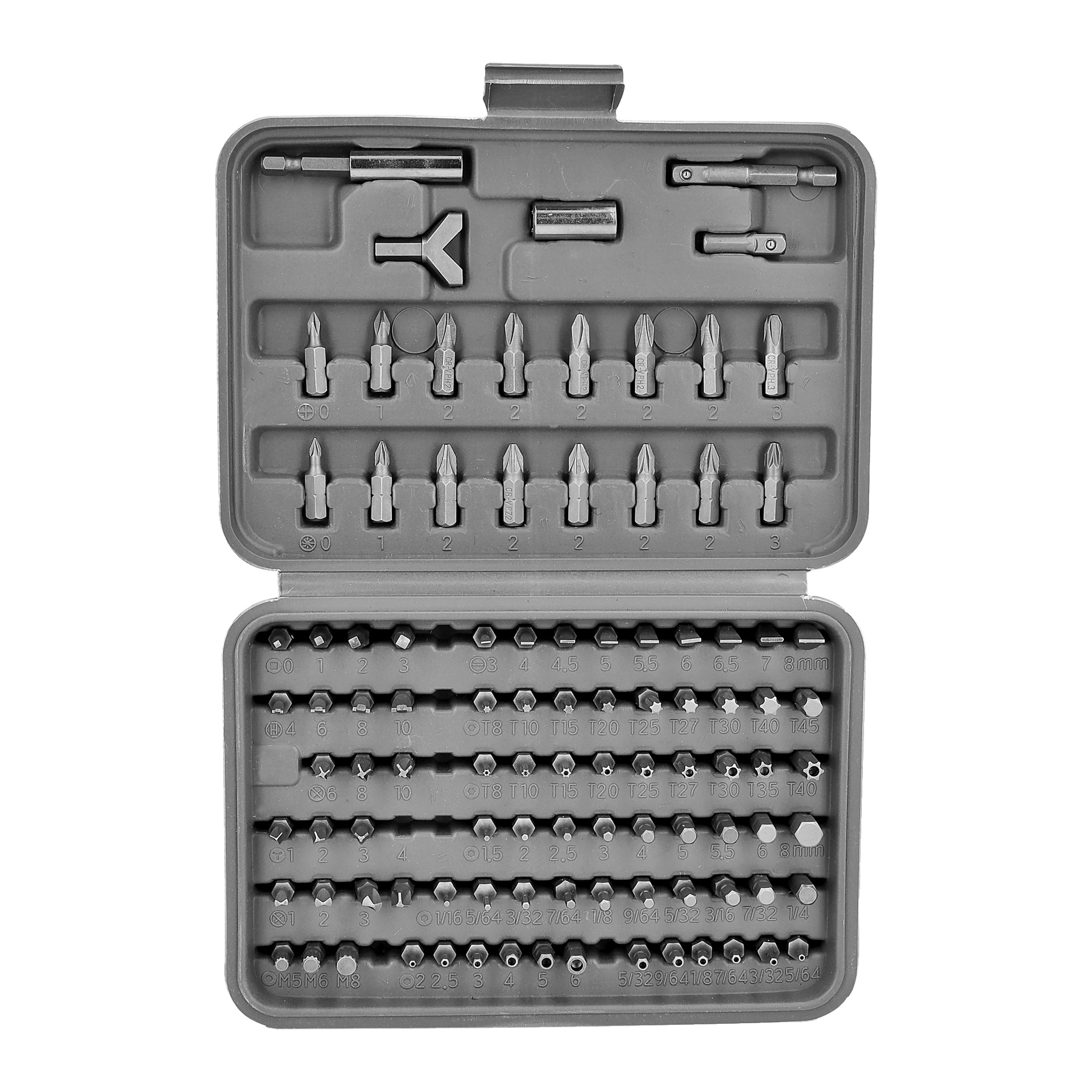 Ett öppet plastfodral från Meec Tools visar ett bitset med 100 bitar, med olika skruvmejselbitar i olika former och storlekar organiserade prydligt i individuella spår.
