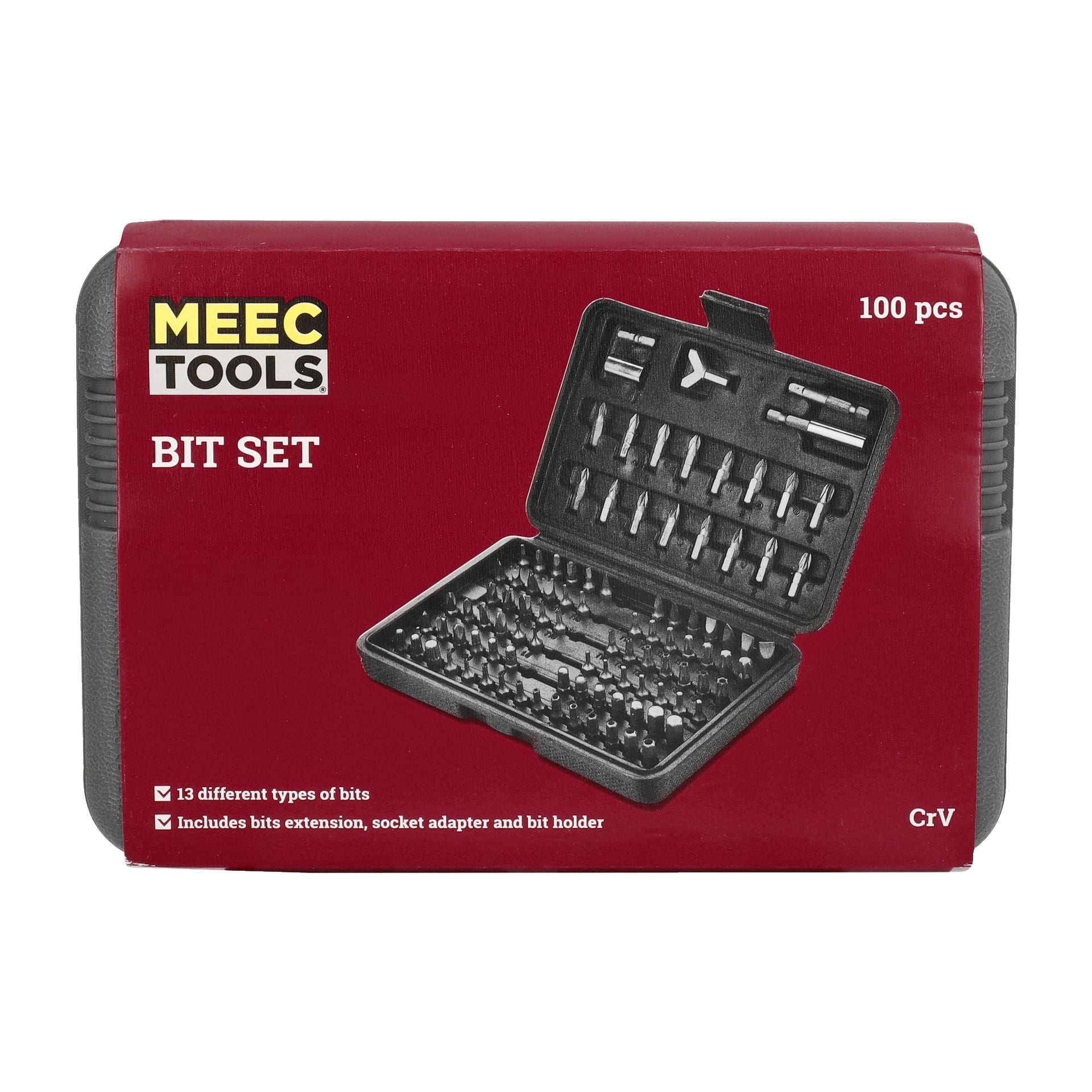 Ett plastfodral märkt som Meec Tools Bit Set 100 pieces finns med. Förpackningen betonar 13 olika bittyper, plus en bitförlängning, sockeladapter och bithållare. Ett foto av det öppna fodralet visar alla föremål inuti.