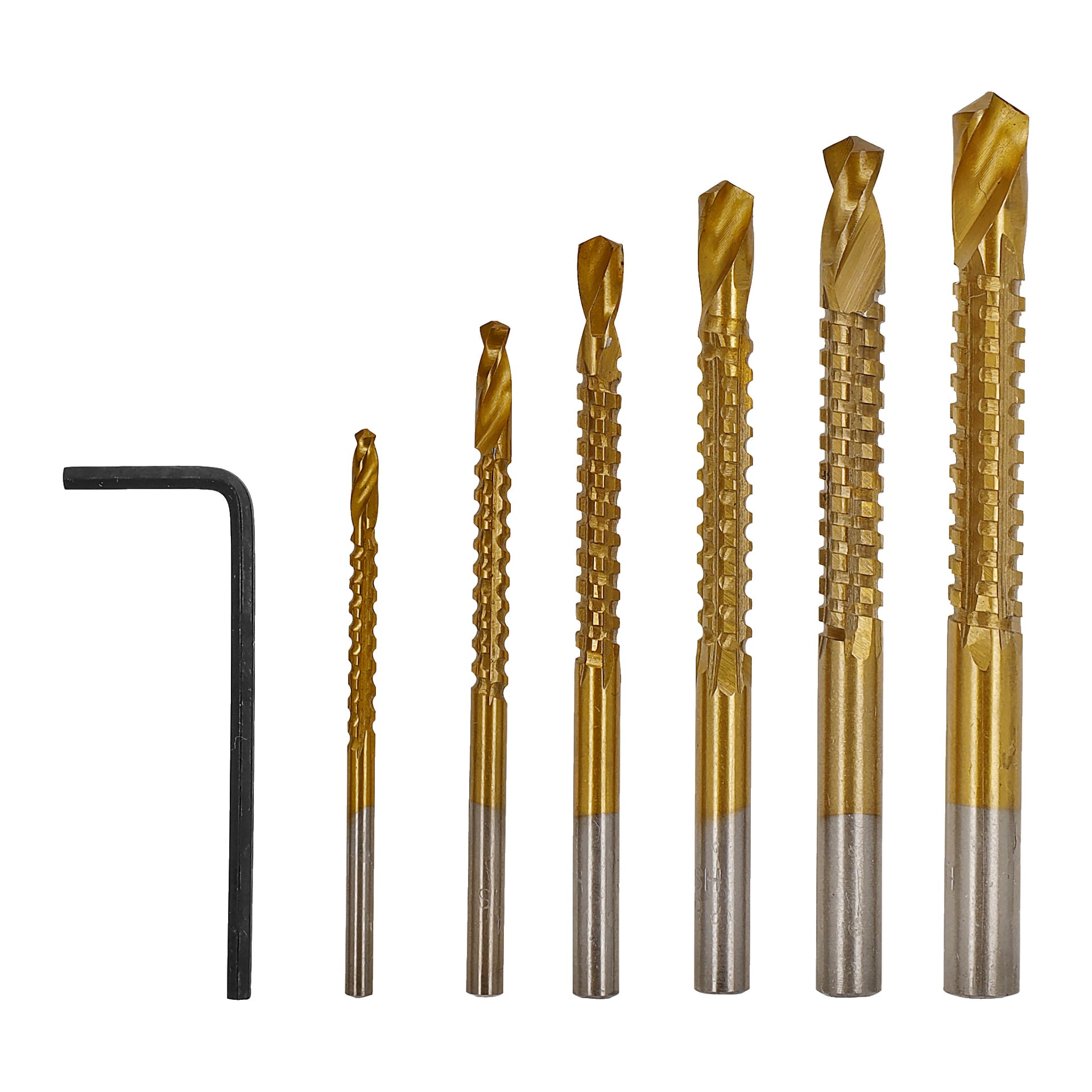 En svart insexnyckel och sex guld- och silverborrkronor i olika storlekar från Meec Tools hålsåg/borrbitsset (17 delar) är placerade sida vid sida.