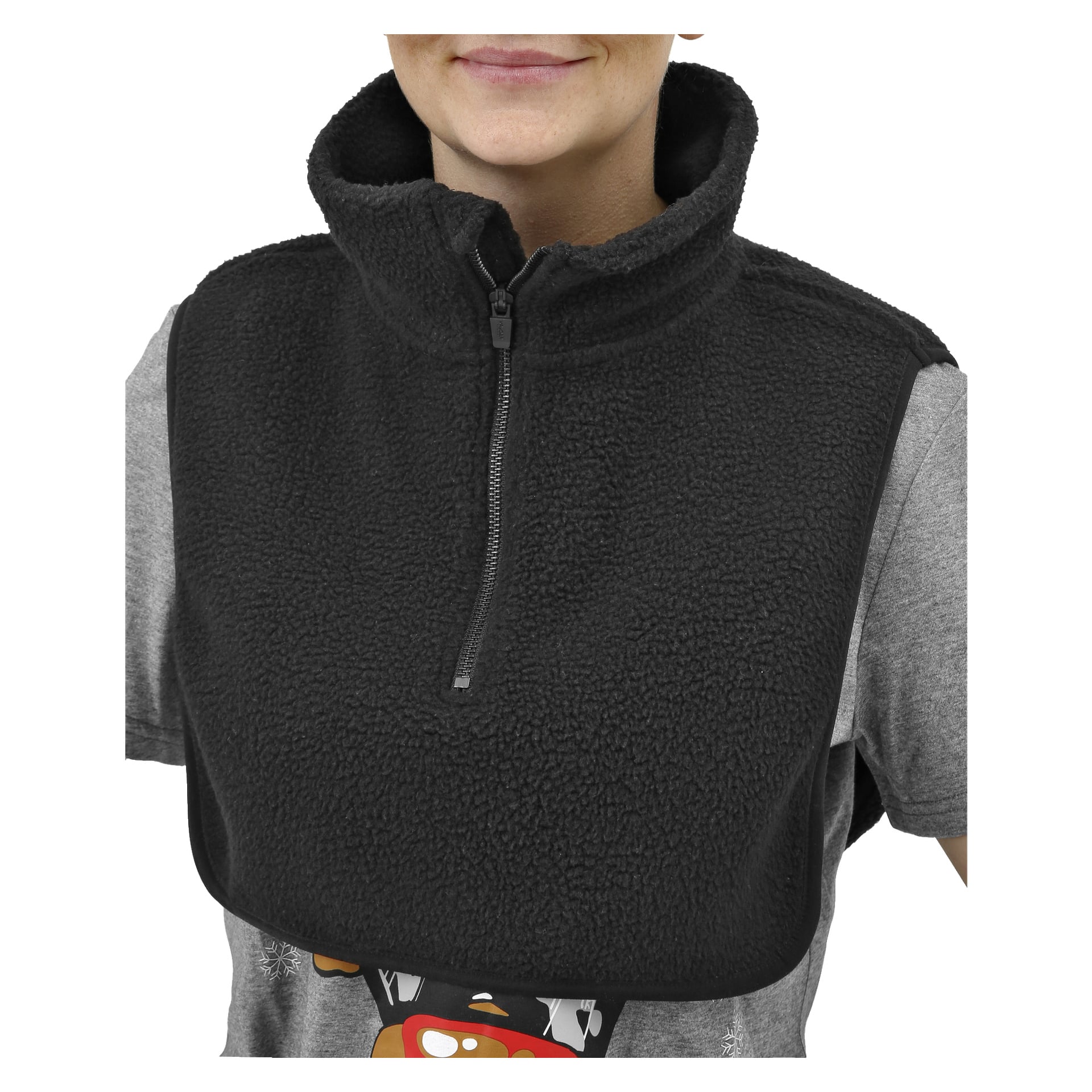 En person i grå skjorta bär en svart Kayoba Outdoor Neck Warmer med dragkedja framtill och hög krage som går över axlarna och övre bröstet; deras nedre ansikte kan ses.