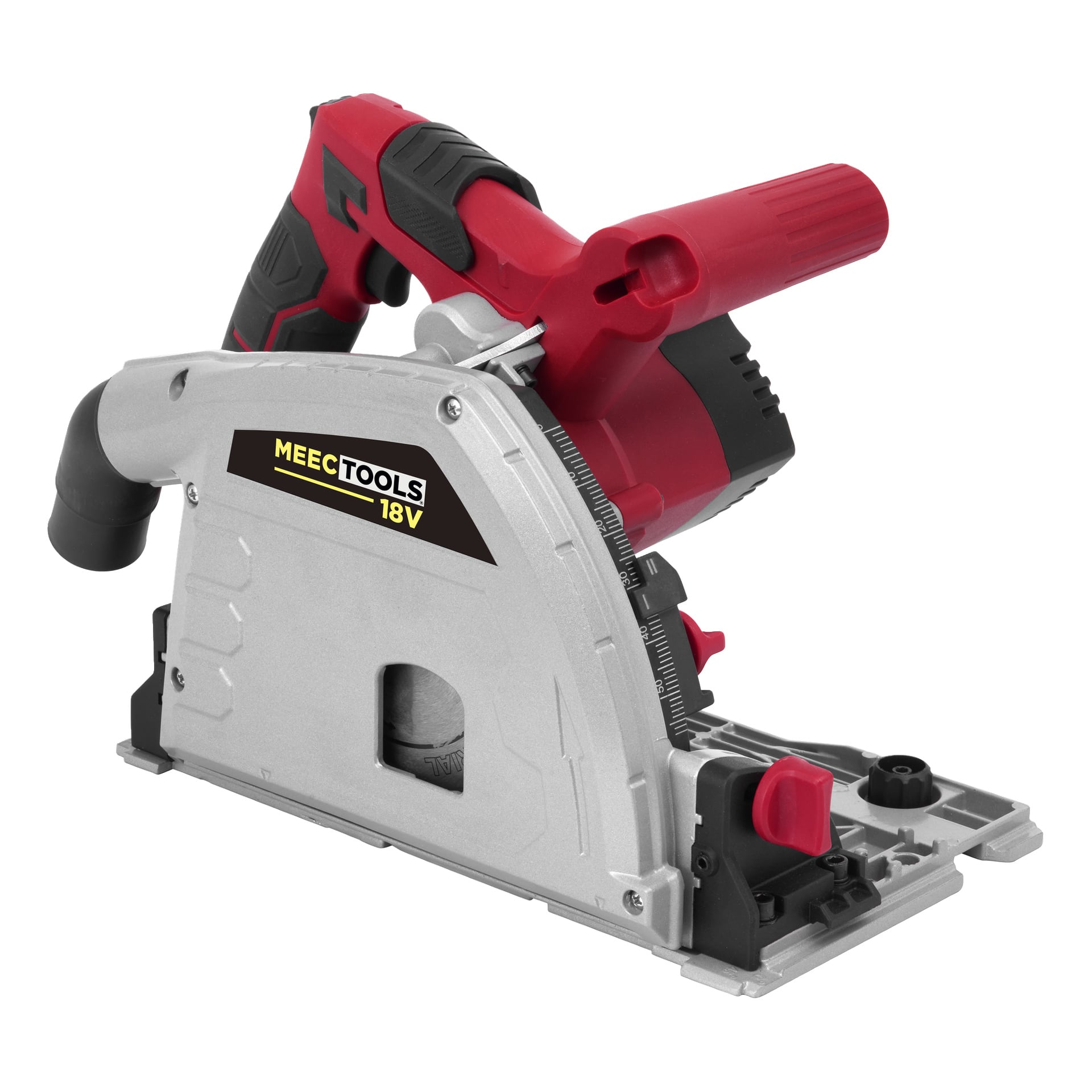 Meec Tools Multiseries CI-18V WORK 700 dyksåg är batteridriven med en svart och silverfärgad design som accentueras av röda detaljer. Den har ett ergonomiskt handtag och flera justeringsrattar.